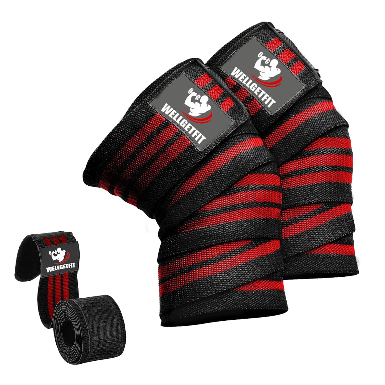 WellGetFit® Knee Wraps (Pair) for Men & Women – 72" Compression & Elastic Support Knee Straps for Weightlifting, Powerlifting, Cross Training, Fitness, Squats, Gym Workouts & WODs (Red)
