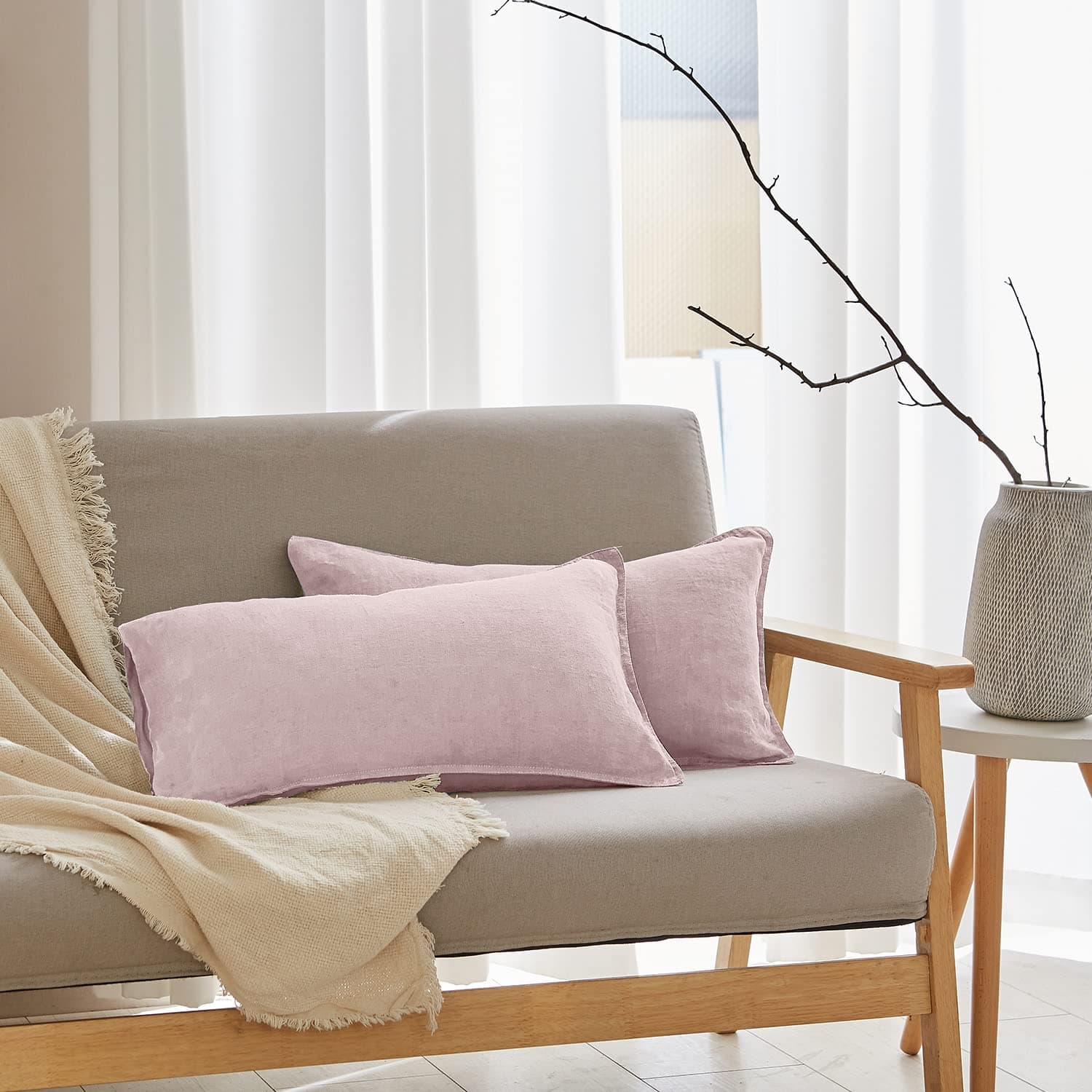 Simple&Opulence 100% Linen Lumbar Pillow Cover 12 x 20 Inches Set of 2 Rectangular Decorative Throw Cushion Cover for Couch Sofa Bed Living Room Office Soft Breathable Farmhouse - Blush PinkOEKO-TEX STANDARD 100