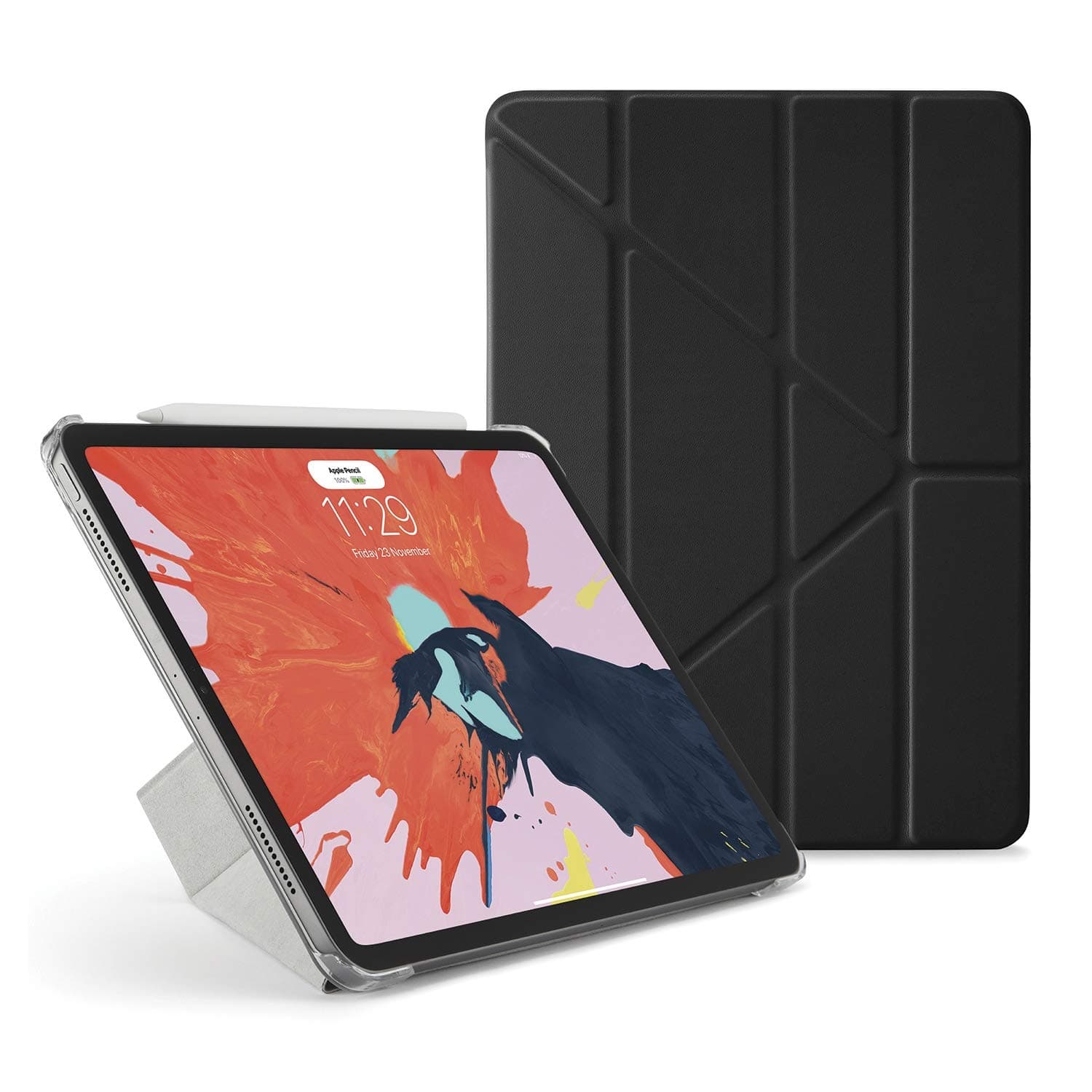 Pipetto Origami iPad Case Pro 11" (2018) with 5 in 1 stand in vegan leather & auto sleep/wake function Black Lambskin/Clear