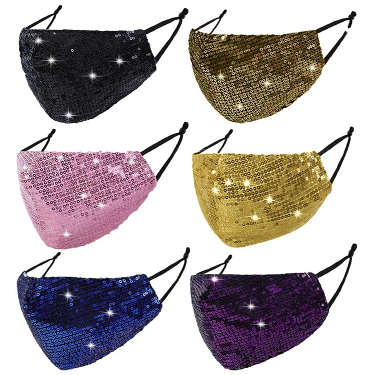 6 Pcs Washable Glitter Bling Women Face Mask. Breathable Reusable Adjustable Fashion Masquerade Facemasks With Pocket.