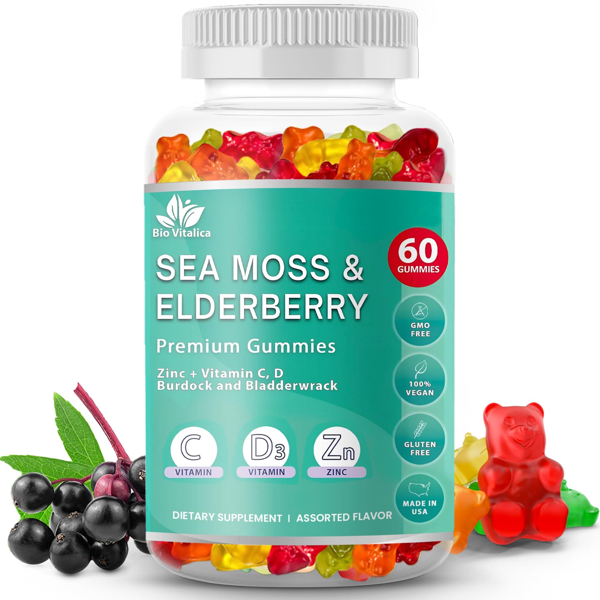 BIO VITALICA Sea Moss Gummies Elderberry BioVitalica - Vitamin C D + Zinc - Irish Seamoss Vegan Gummy with Sea Moss Gel & Powder for Immunity, Detox & Energy - for Adults and Kids
