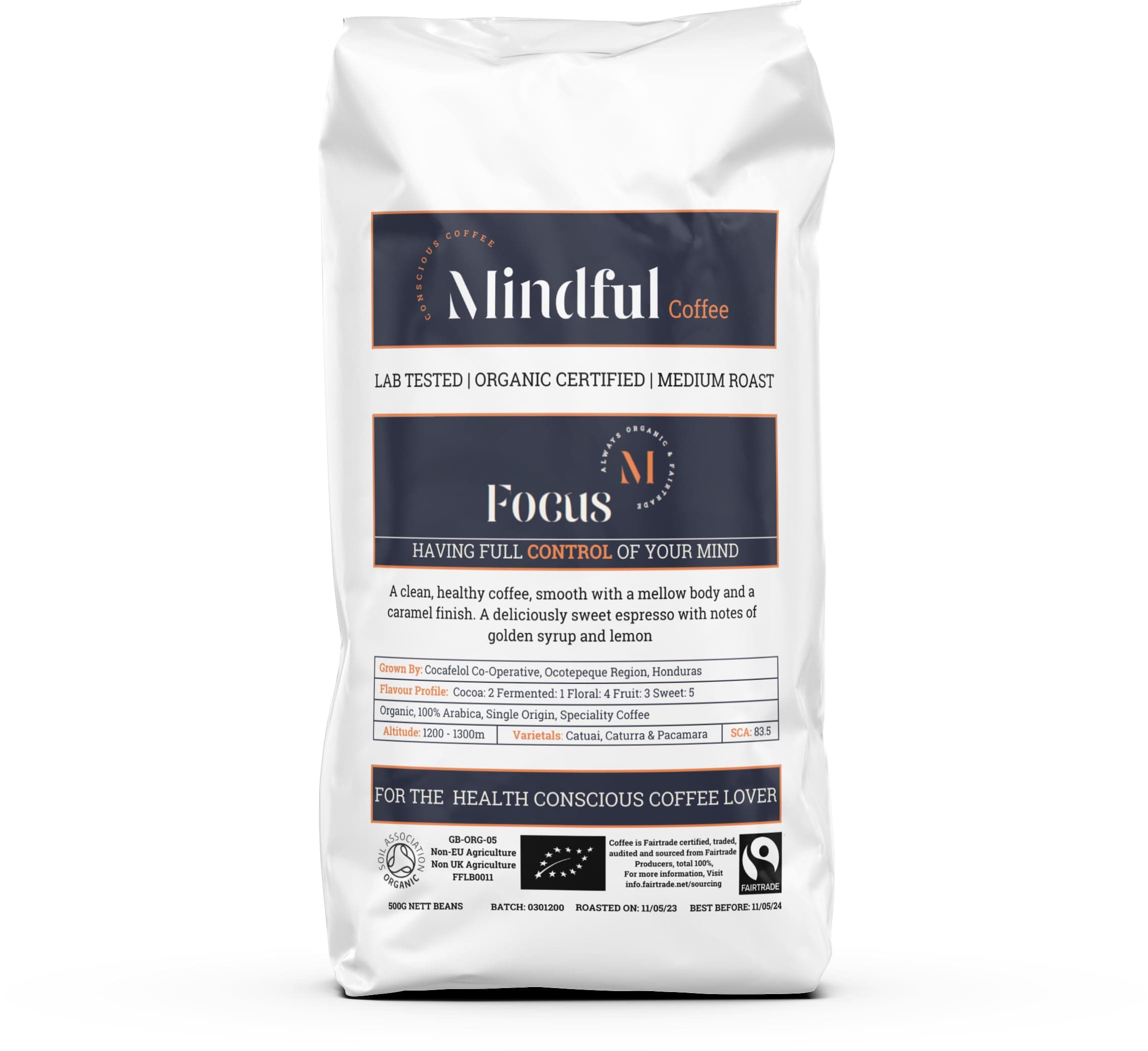 Focus 500g| Organic Clean Coffee Beans | Lab Tested - Mycotoxin Free| Freshly Roasted |Single Origin Speciality|Whole Beans