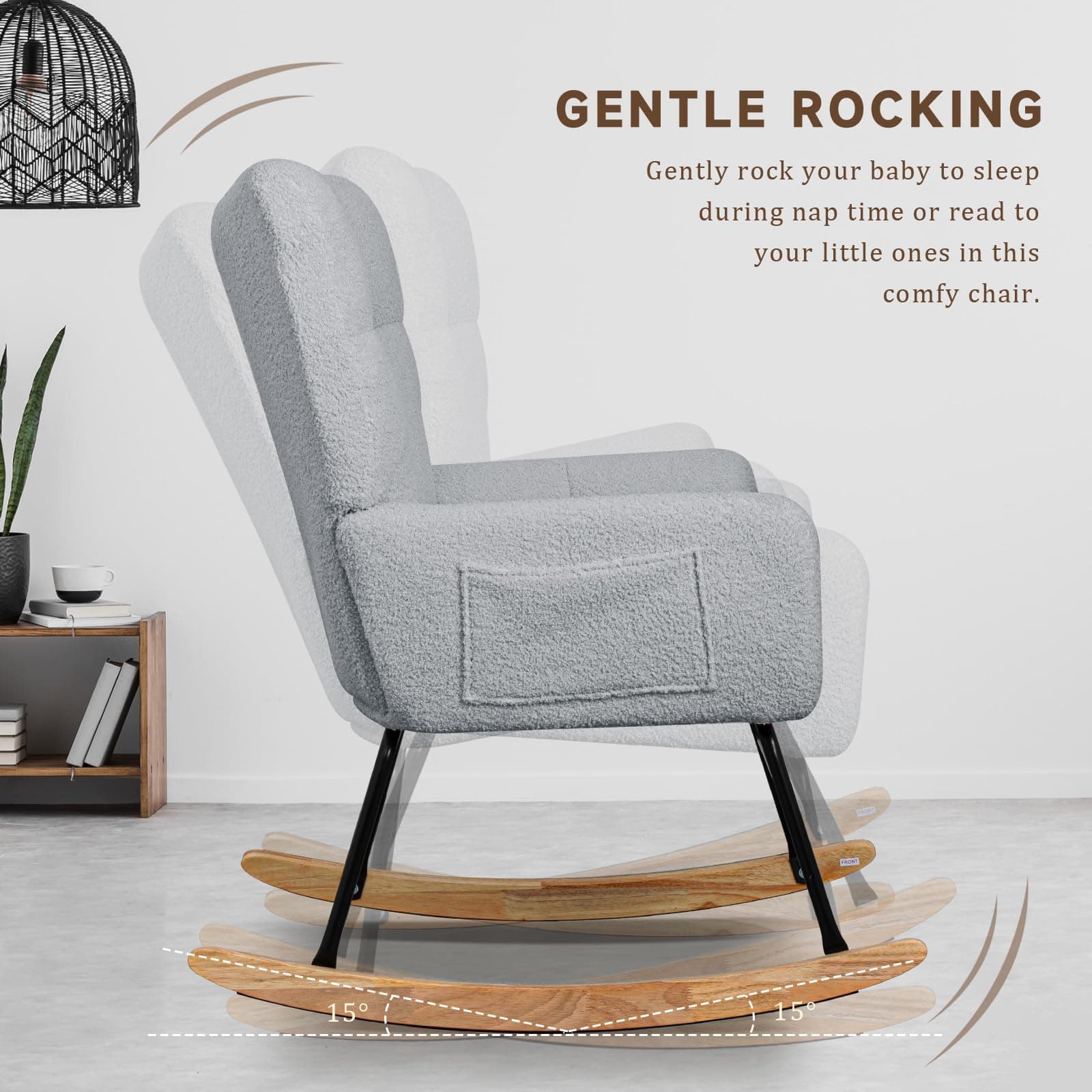 SoarFlash Nursery Rocking Chair Teddy Fabric Glider Chair Upholstered Rocker Accent Armchair with High Backrest and Solid Wood Legs for Nursery Bedroom Living Room Office(Grey)