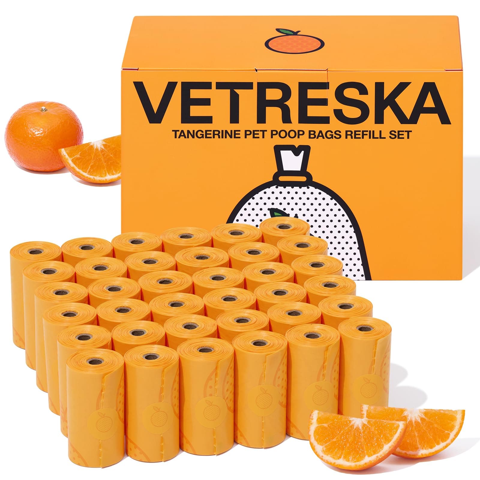 VETRESKA Citrus Scented Dog Poop Bags, Leak Proof, Extra Thick and Large Pet Waste Bags for Dogs Walking, Cat Litter and Babies' Diaper, 540 Count Bags (36 Refill Rolls), Orange