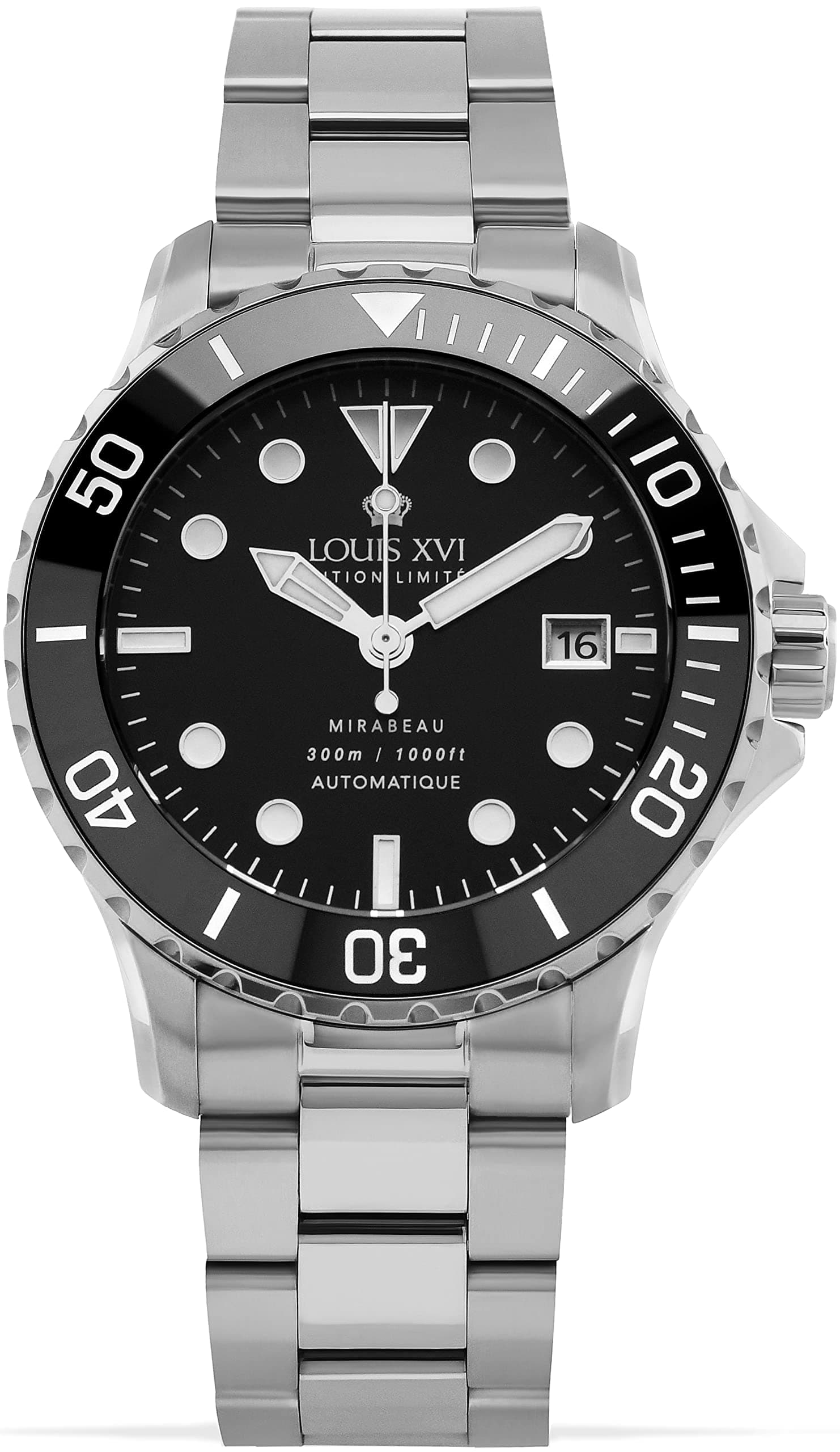 Louis XVI Mirabeau Diver Watch for Men 41 mm Swiss Automatic Movement Stainless Steel Strap Silver with Black Super-LumiNova Dial 1400