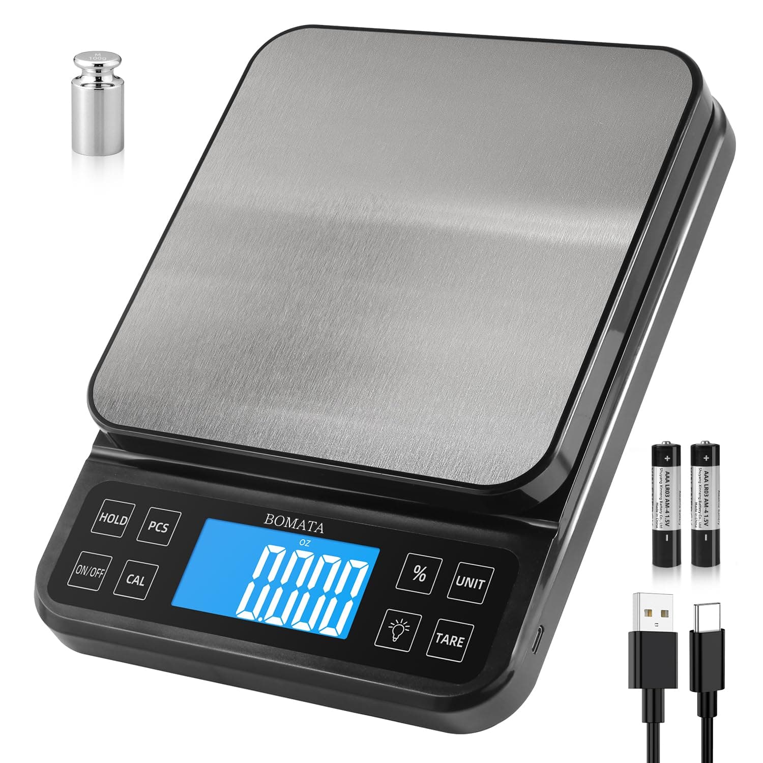 Large Kitchen Scale with 0.1g/0.001oz High Precision, 5kg/11lb Bakery Scale with% Percentage Function, USB Rechargeable, Full-View Angle LCD with Backlight, Stainless Steel Pan