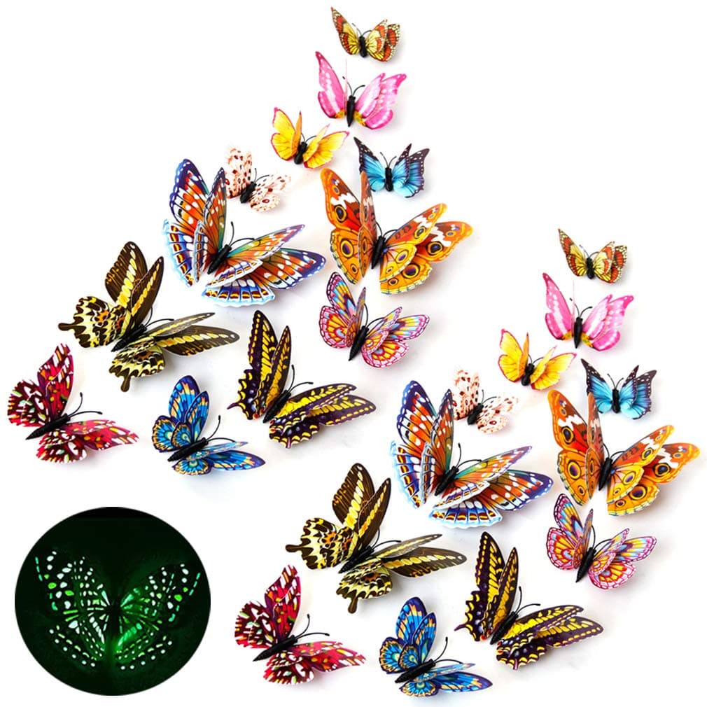 3D Butterfly Wall Stickers Decor 24 Pcs Luminous Colorful Butterfly Wall Decals for Kids Girls Baby Women Bedroom Living Room Wall Art Decor Removable Mural Sticker Butterflies Wall Art Decorations