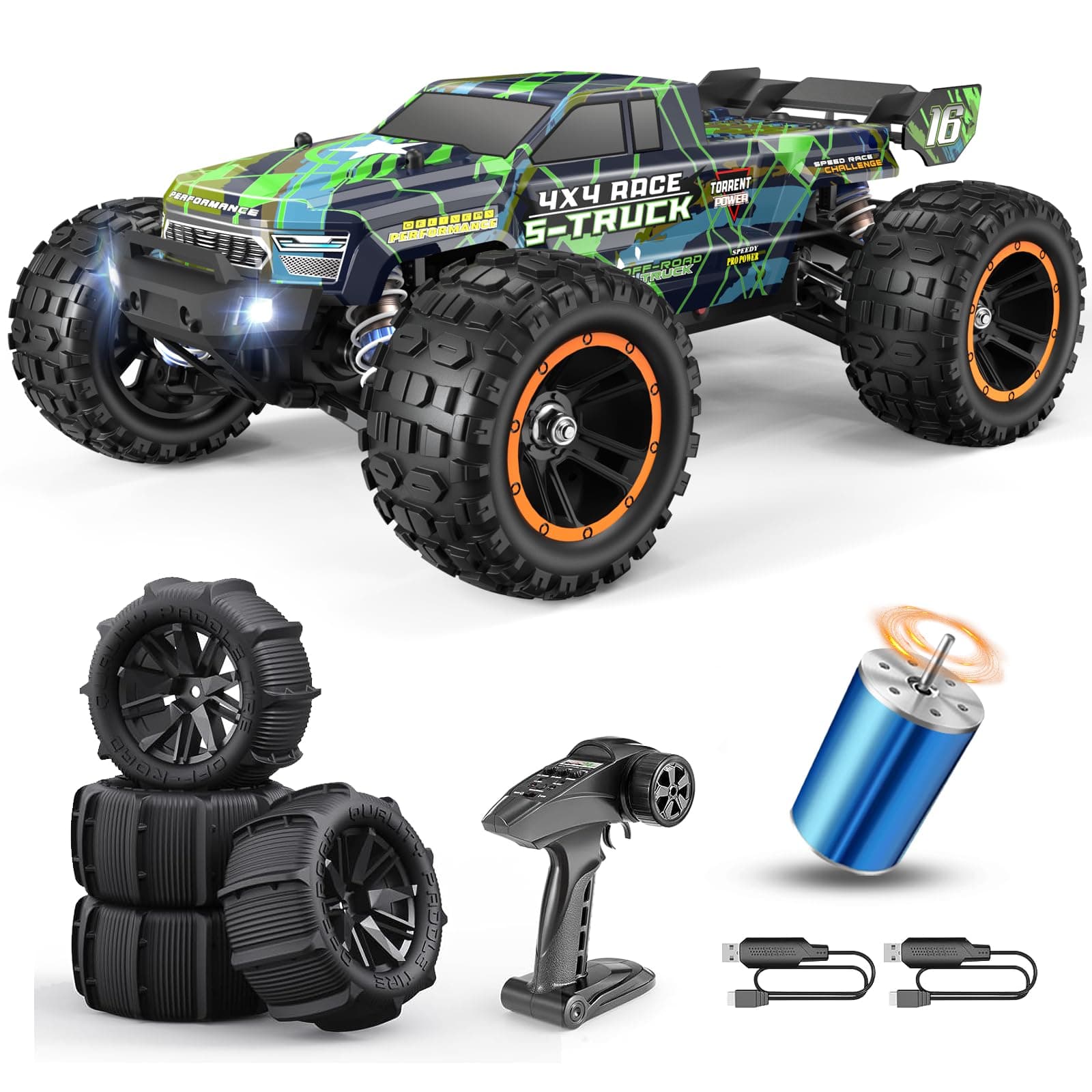 16890SA 1/16 Scale 4WD Brushless RC Truck Max 40 MPH Fast RC Cars, All Terrains RC Car with Independent ESC 4X4 Off-Road Semi-Truck for Boys and Adults, 3S Battery Applicable (not Included)