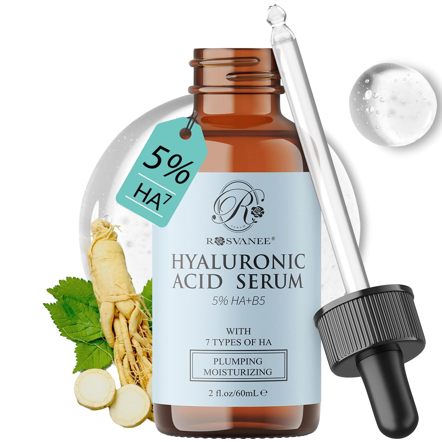 5% Hyaluronic Acid Serum 60mL with Panax Ginseng, Hydrating, Moisturizing & Plumping, Strengthens Skin Barrier with 1% Vitamin B5, Niacinamide, Vegan, For All Skin Types