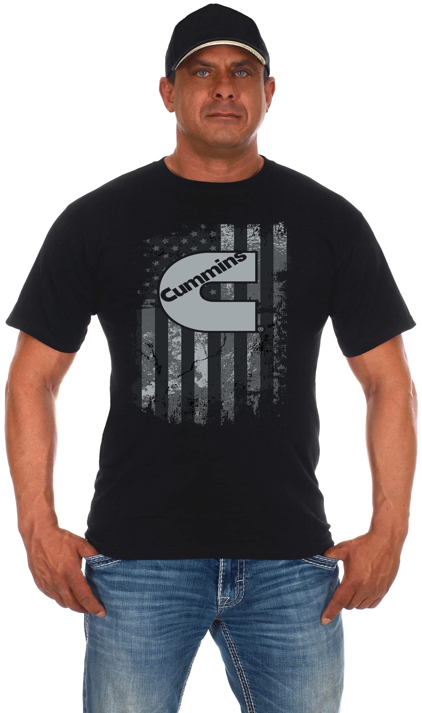 Men's Cummins Diesel American Flag Black Crew Neck Shirt