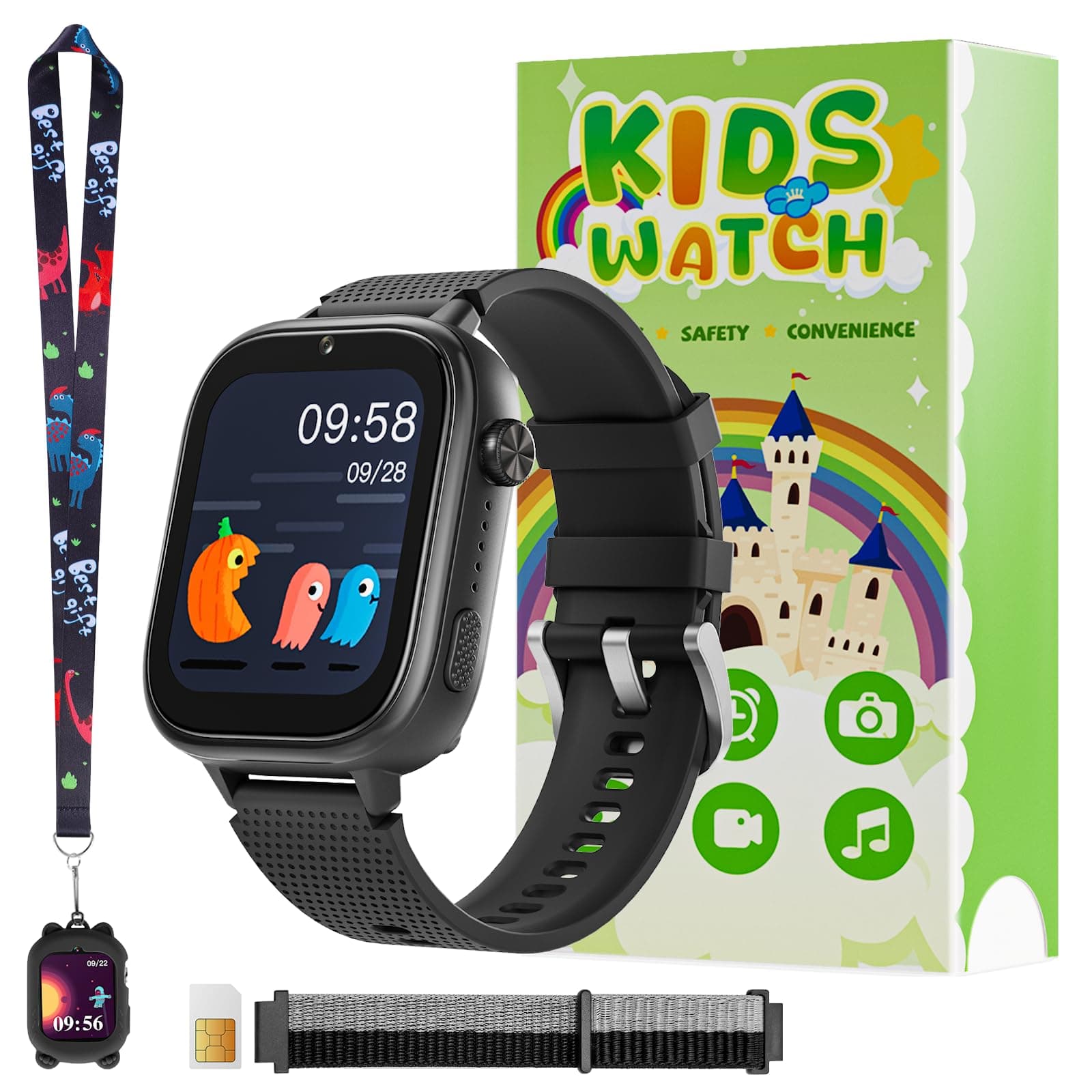 OKYUK 4G Kids Smart Watches Girls Gifts Age 3-12, Smart Watch for Kids with 47 Games, Two-Way Calling Feature, SOS Emergency Call Camera Video Recorder Gift Toys for Girls Ages 5 6 7 8 9 10 (Black)