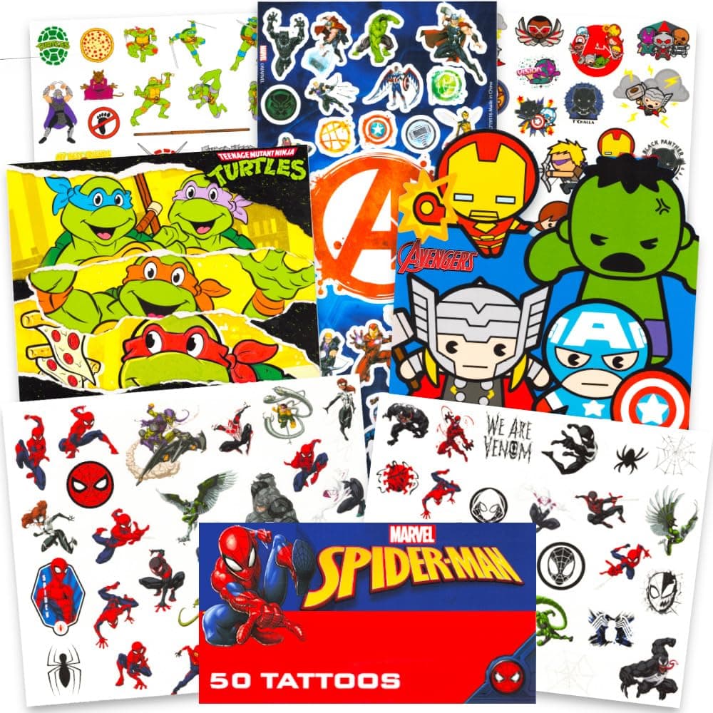Marvel Super Hero Tattoos Party Favors Set -- 150 Superhero Temporary Tattoos Featuring Avengers, Spiderman and Teenage Mutant Ninja Turtles Bundle with Avengers Reward Stickers