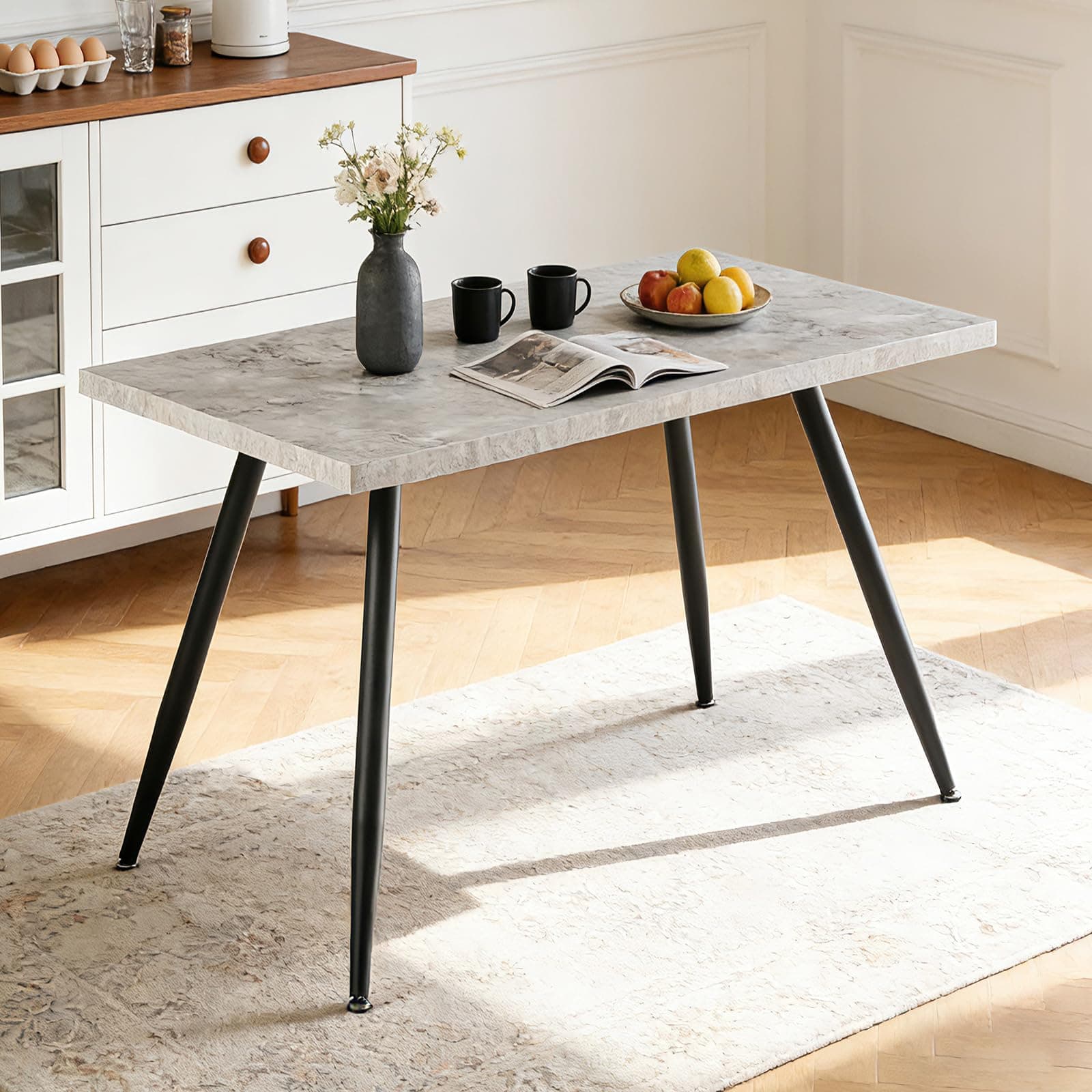 AINPECCA Dining Table with Black Metal Legs Kitchen Table (Grey Marble Effect Top, 120 * 70cm)