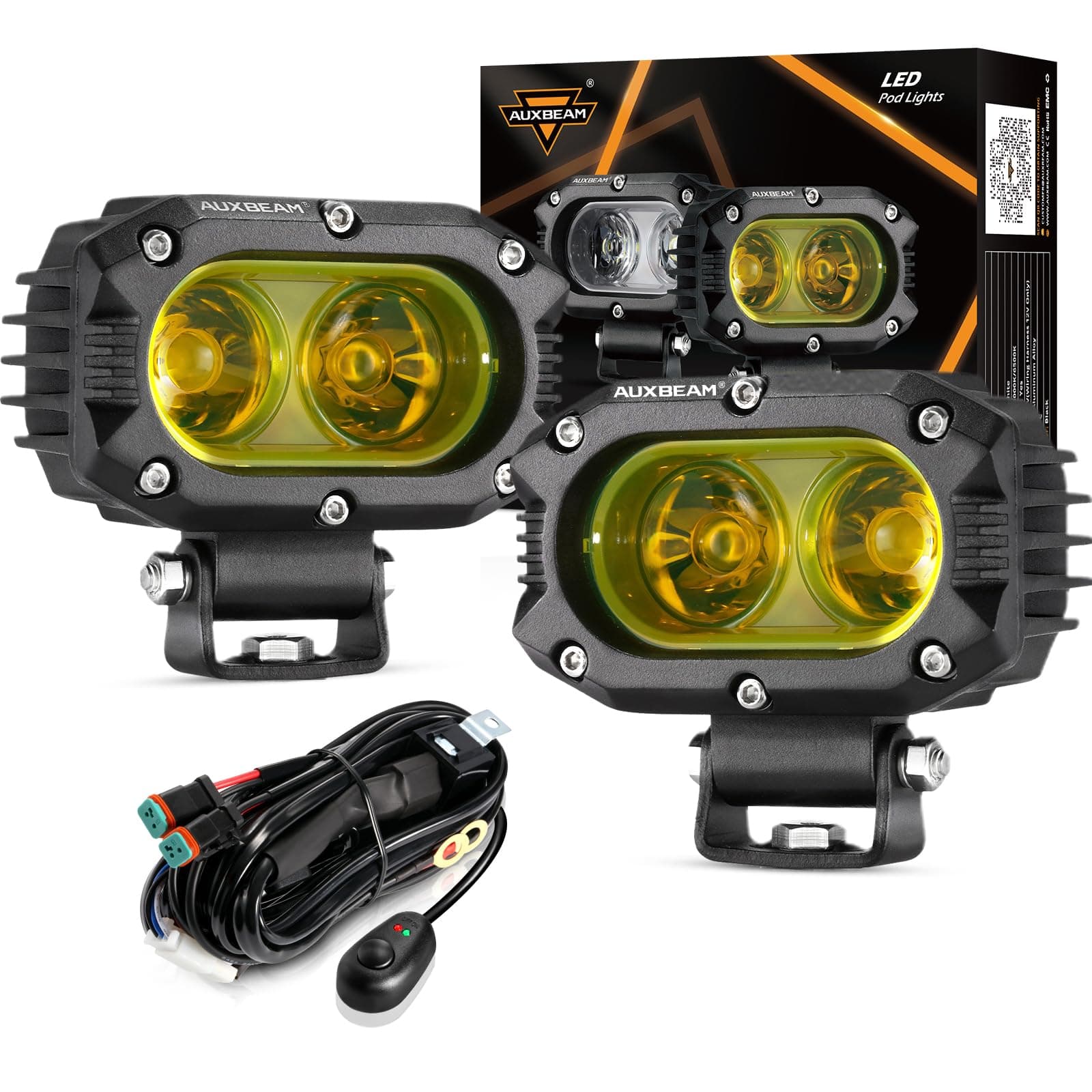 Auxbeam 4 Inch LED Amber Pod Light, 60W Driving Yellow Flood Beam Square Pod Fog Lights with DT Wiring Harness for Motorbike SUV ATV Truck Jeep Boat Tractor Forklift (2 Pcs)