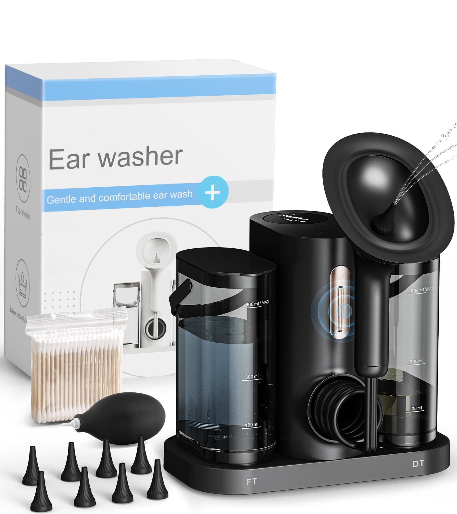 Upgraded Ear Wax Removal, Water Powered Ear Cleaner Ear Wax Removal Kit ManualIrrigation Flushing System with Sewage System and 4 Clean Mode,Safe and Effective Ear Flushing Kit with 8 Ear Tips - Black