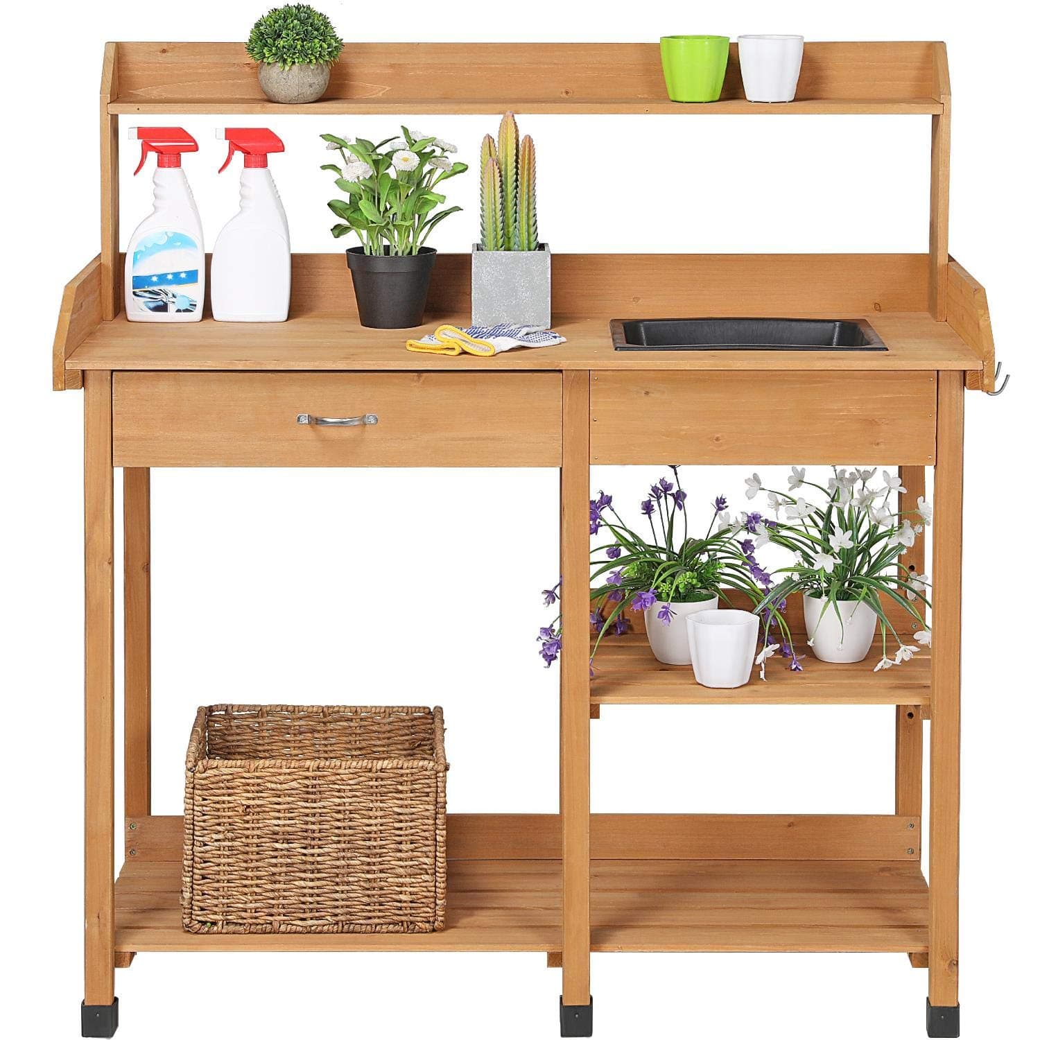 costoffs Garden Potting Bench Wood Potting Table Outdoor Work Table for Greenhouse Garden Work Bench with Removable Sink Drawer and Storage Shelf, Wood