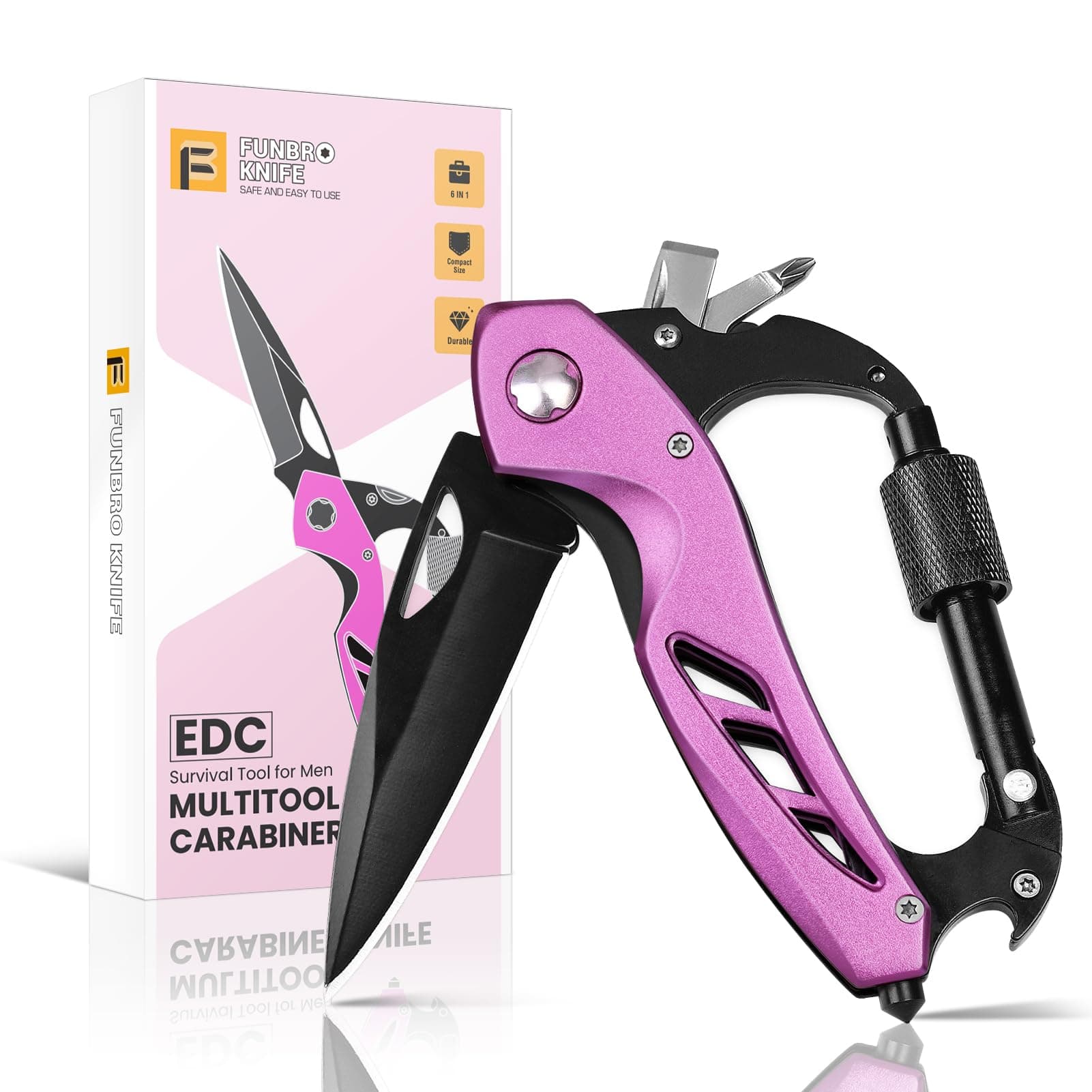 Pink Multitool Carabiner Knife Gifts for Mom Women Wife, 6-in-1 Keychain Multi Tools with Window Breaker, Bottle Opener and Screwdriver, EDC Gear Gadget for Camping Hiking