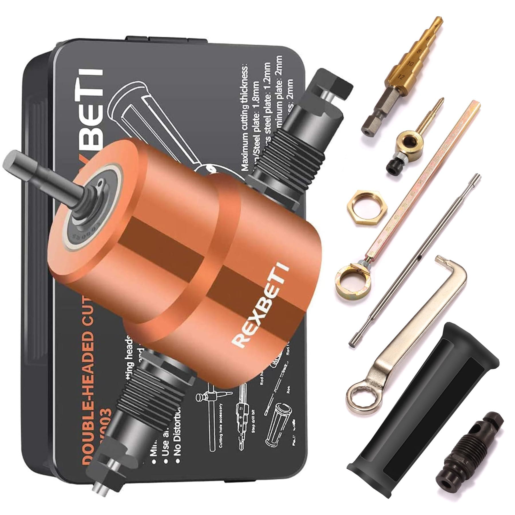 Double Headed Sheet Metal Nibbler, Drill Attachment Metal Cutter with Extra Punch and Die, 1 Cutting Hole Accessory and 1 Step Drill Bit, Perfect for Straight Curve and Circle Cutting (Gold)