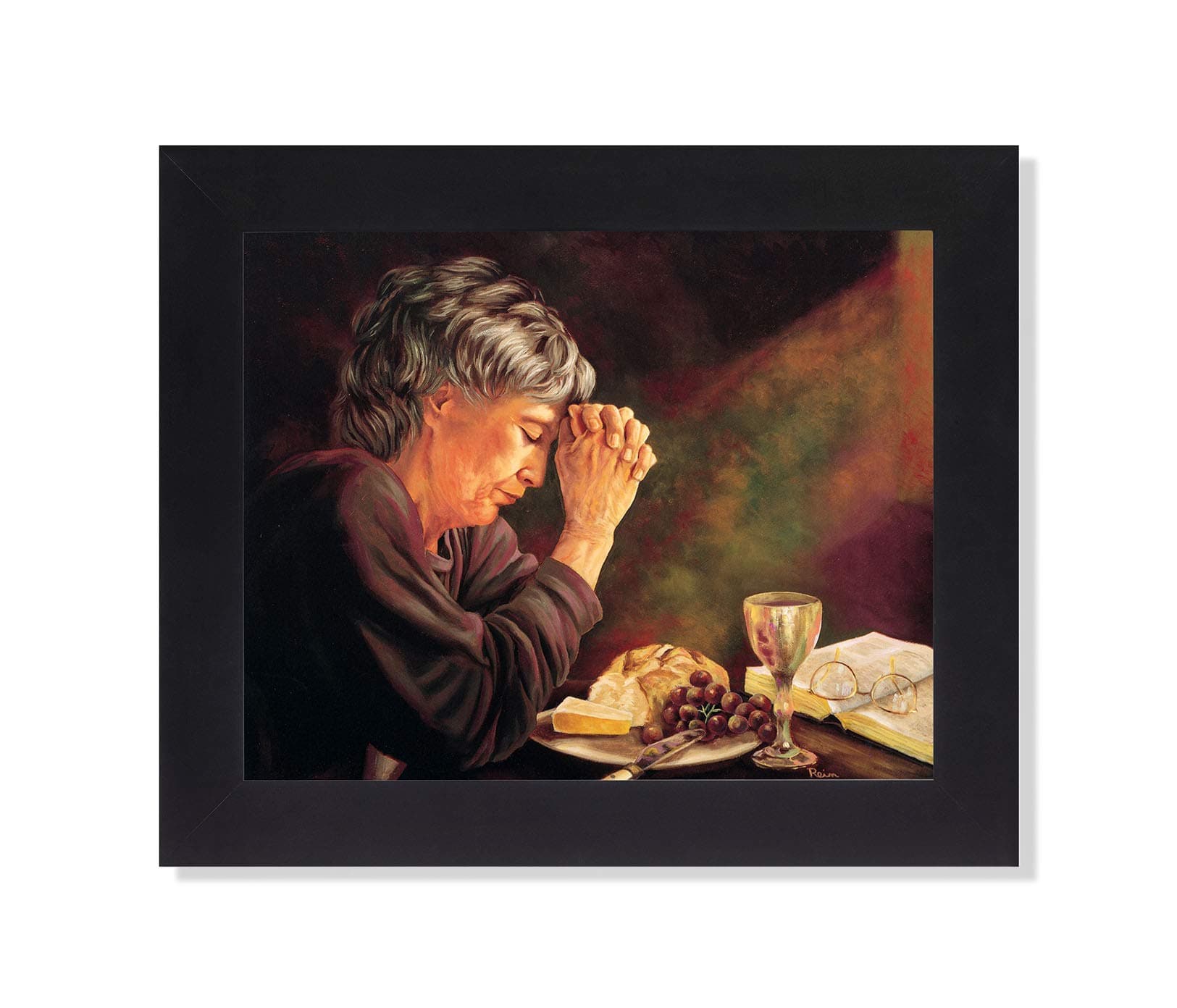 Gratitude Old Lady Praying at Dinner Table Daily Bread Woman Religious Wall Picture Framed Art Print 8x10