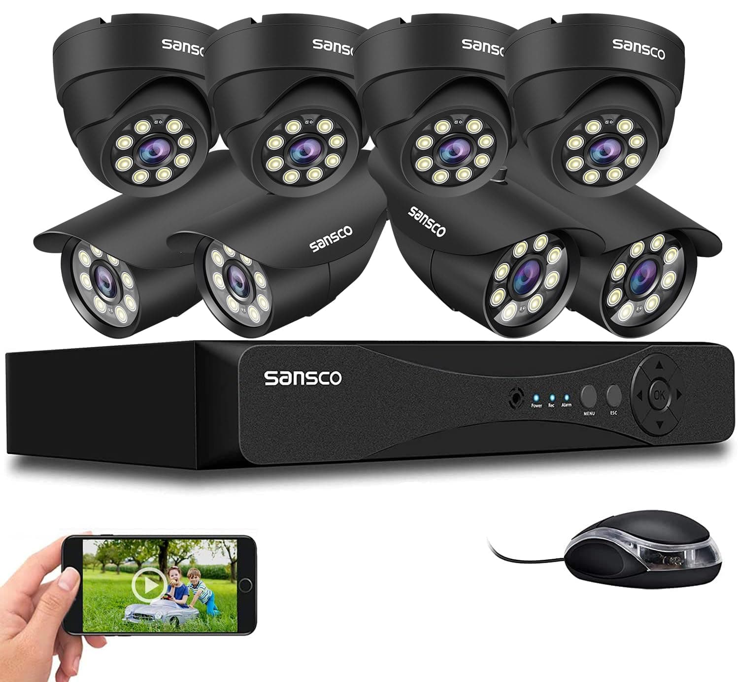 SANSCO 8CH 5MP HD CCTV Camera System, 8 Channel H.265 DVR Recorder, 8x 2MP Outdoor Bullet Dome Security Cameras, Face/Human Detection, No Hard Drive