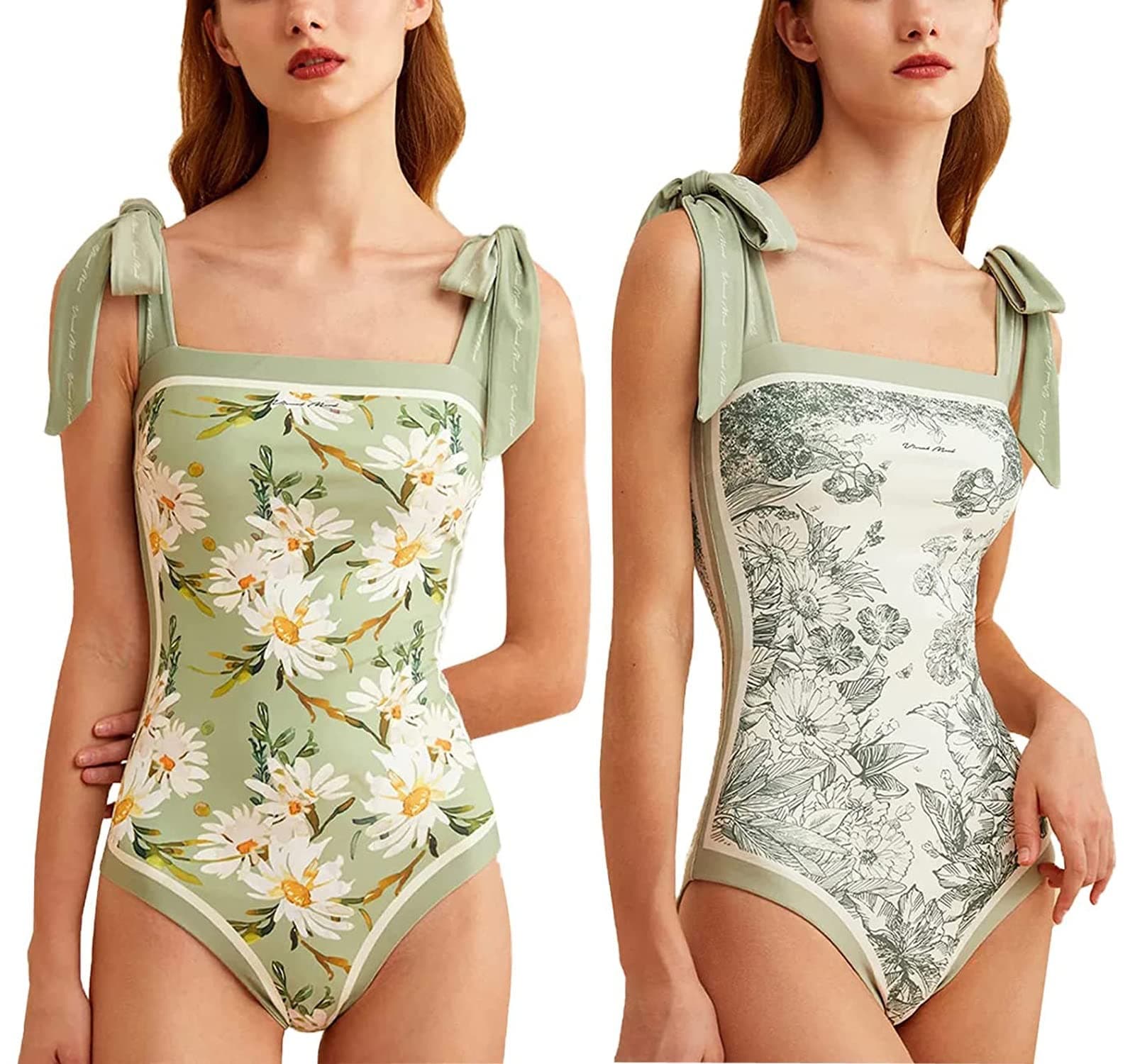 QBLITWomen Floral One Piece Swimsuits,Reversible Tie Shoulder Monokini,Tummy Control Bathing Suits,Square Neck Swimwear