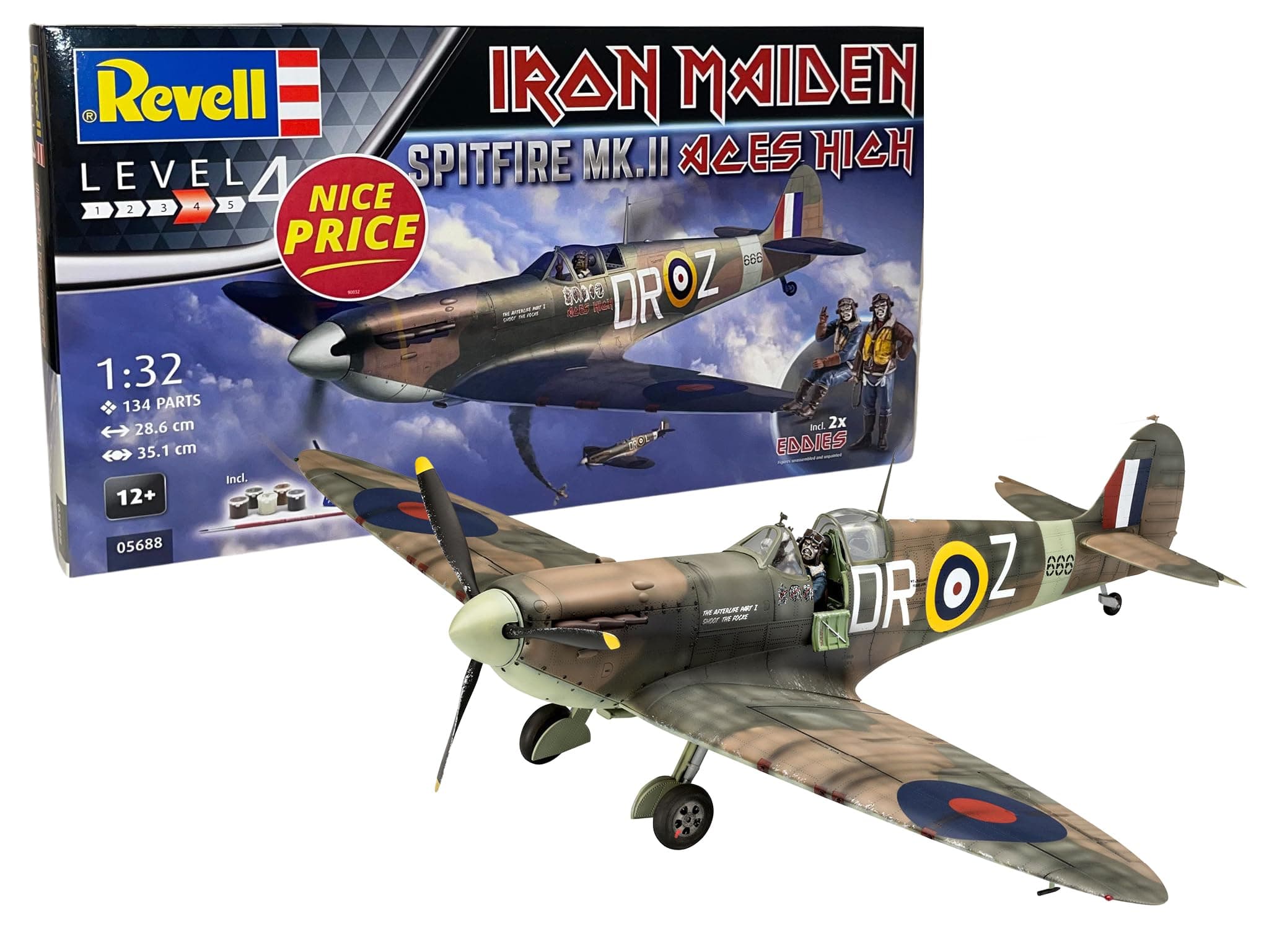 Revell Gift Set 05688 Spitfire Mk.II Aces High Iron Maiden & Eddie Figures 1:32 Scale Unbuilt Plastic Model Kits with Contacta Professional Glue, Paintbrush & Selected Aqua Color Paints