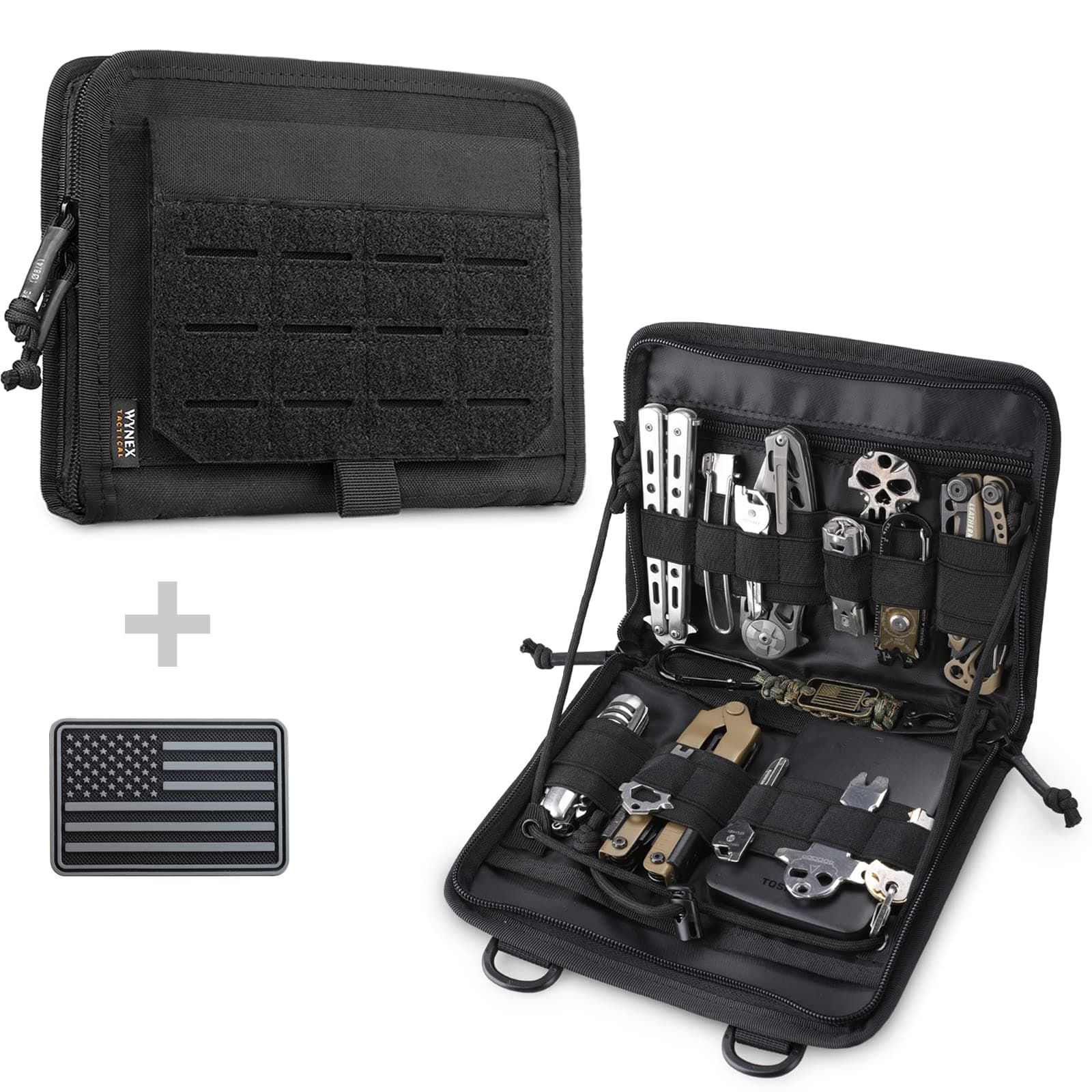 WYNEX Tactical Folding Admin Pouch, Molle Tool Bag of Laser-Cut Design, Utility Organizer EDC Medical Bag Modular Pouches Tactical Attachment Waist Pouch Include U.S Patch