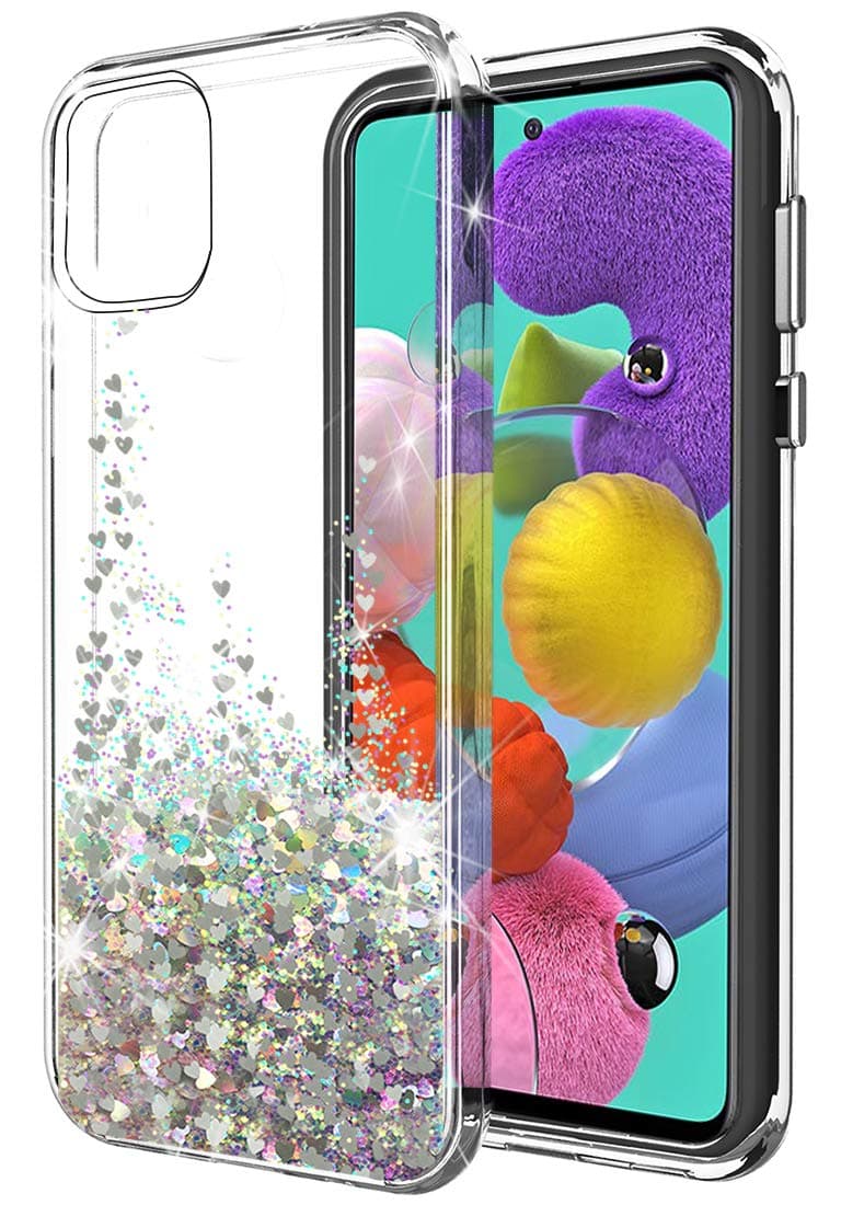 SunStory Galaxy A51 Case,Luxury Fashion with Moving Shiny Quicksand Glitter and Double Protection with PC Layer and TPU Bumper Case for Samsung Galaxy A51 Phone (Silver)
