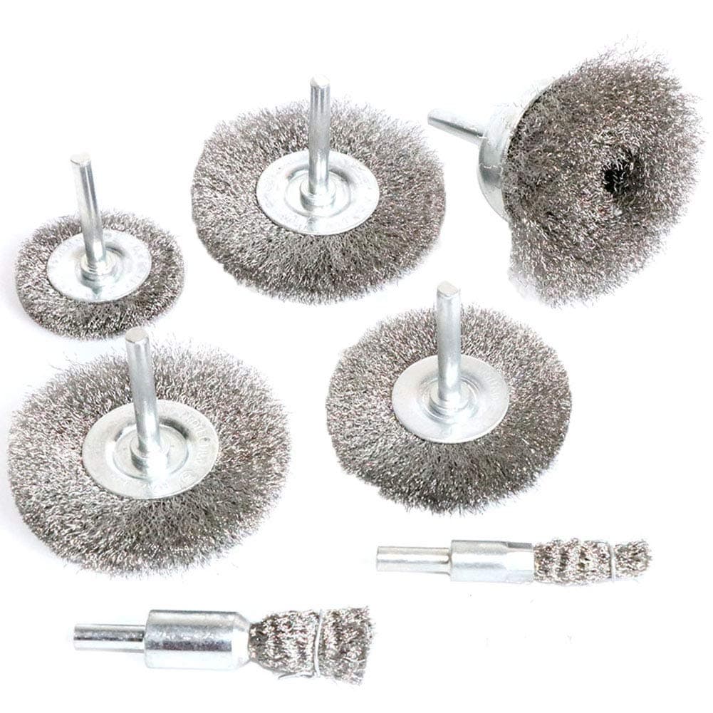 Stainless Steel Wire Wheel Brush & Crimped Cup Brush Kit for Drill,Fine Wire Diameter 0.0059 Inch,for Rotary Tool with 1/4-Inch Shank,Removal of Rust,deburring,Paint (7pcs)