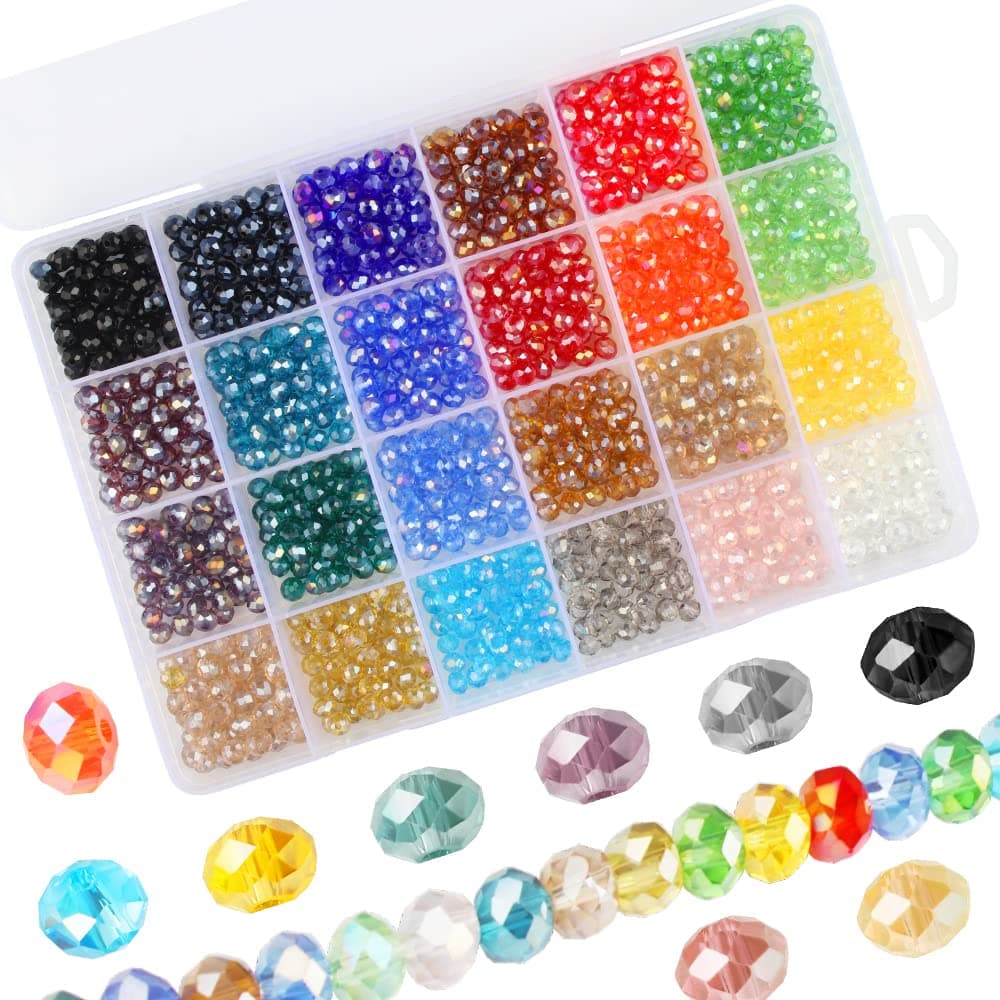 Aipaide 1200pcs 6x4mm Faceted Crystal Glass Beads, 24 Colors, Rondelle Shape, AB Coated, Perfect for Jewellery Making, DIY Projects & Crafts