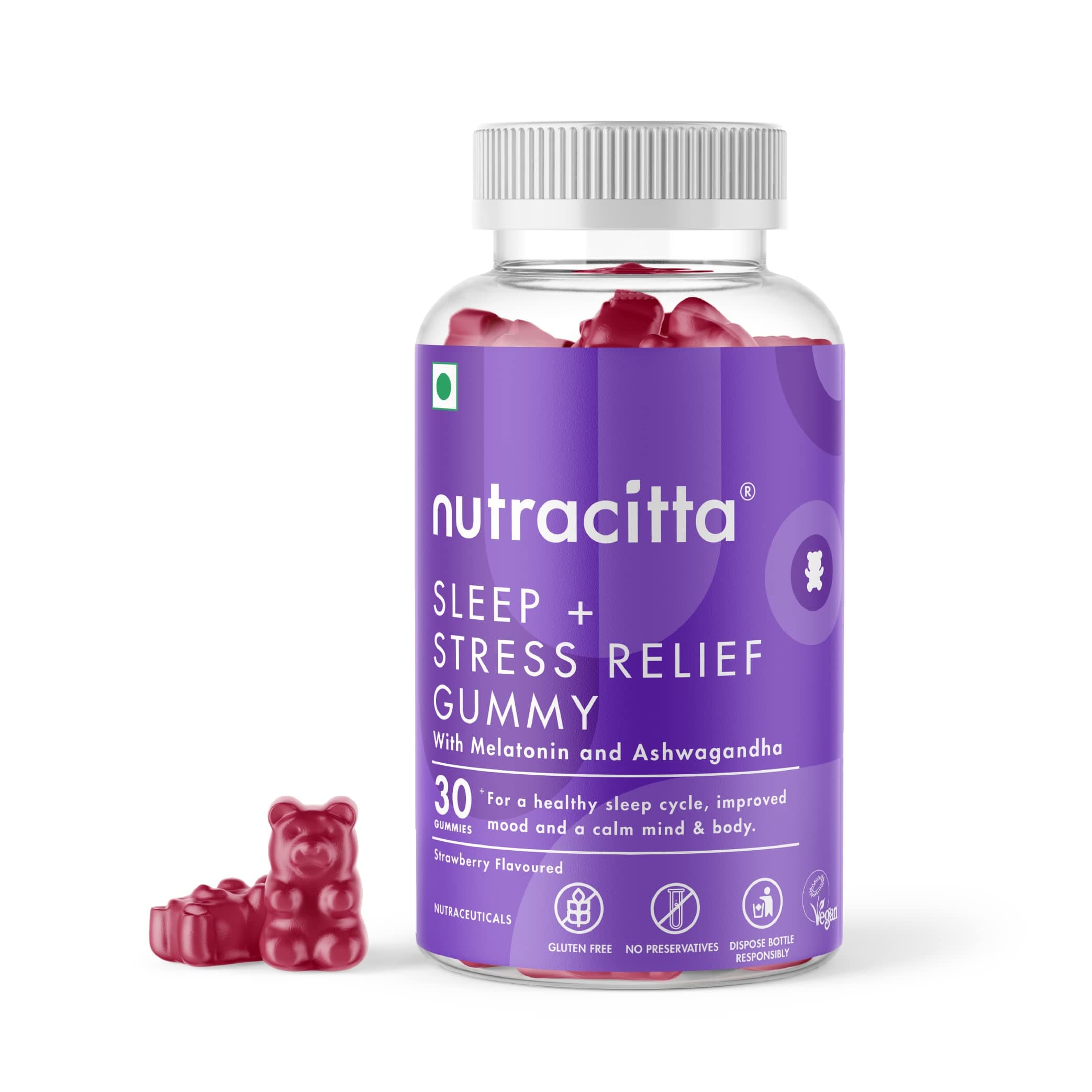 Sleep & Stress Relief Gummies for Adults Men & Women | Enriched with 5 mg Melatonin & Ashwagandha | Vegetarian Strawberry Flavour | 30 Count (Pack of 1)