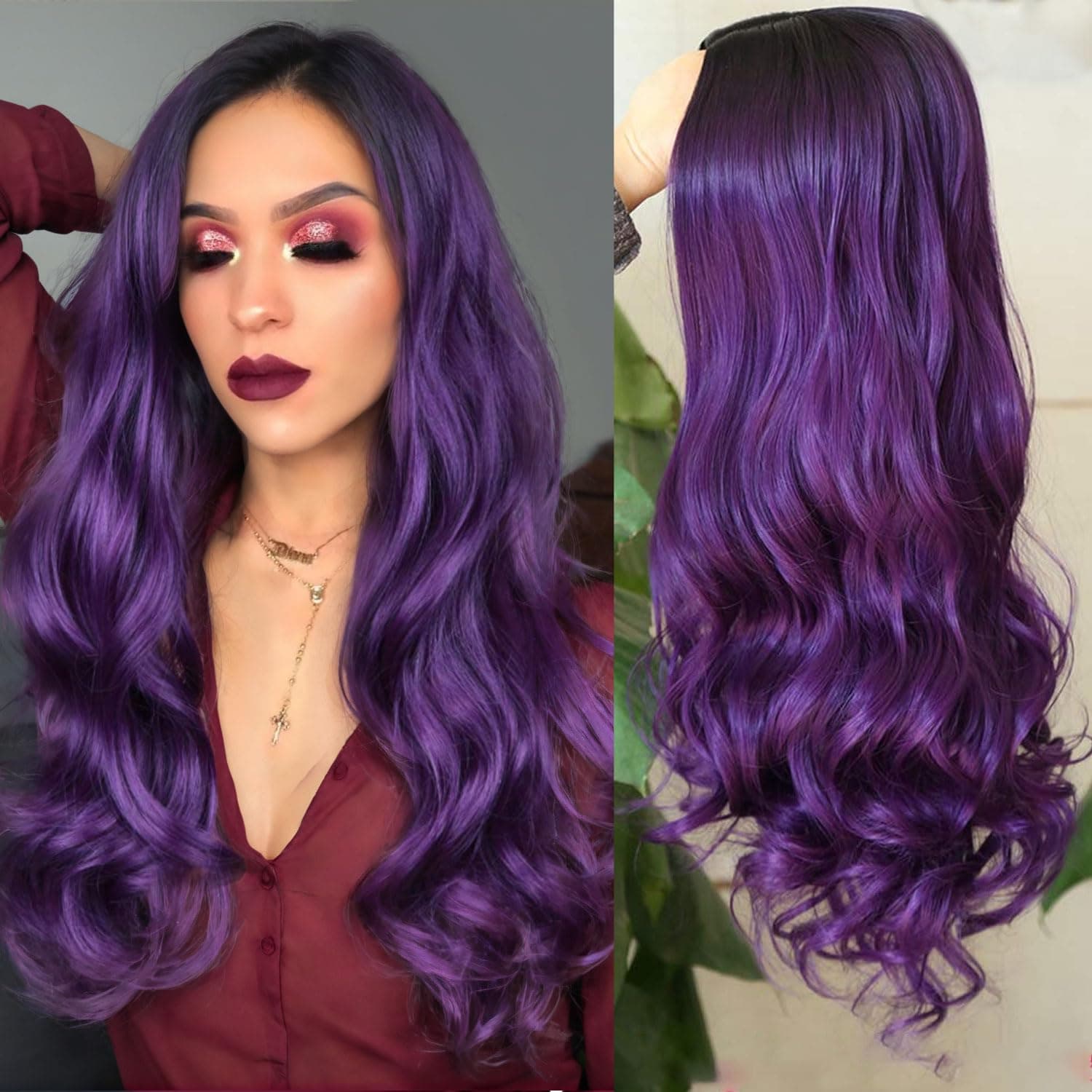 Fancy Hair Ombre Wig Purple Wigs Long Curly Wavy Hair Wigs Heat Resistant 2 Tones Dark Roots Synthetic Wigs for Black Women Daily Party Cosplay Rumi Witch
