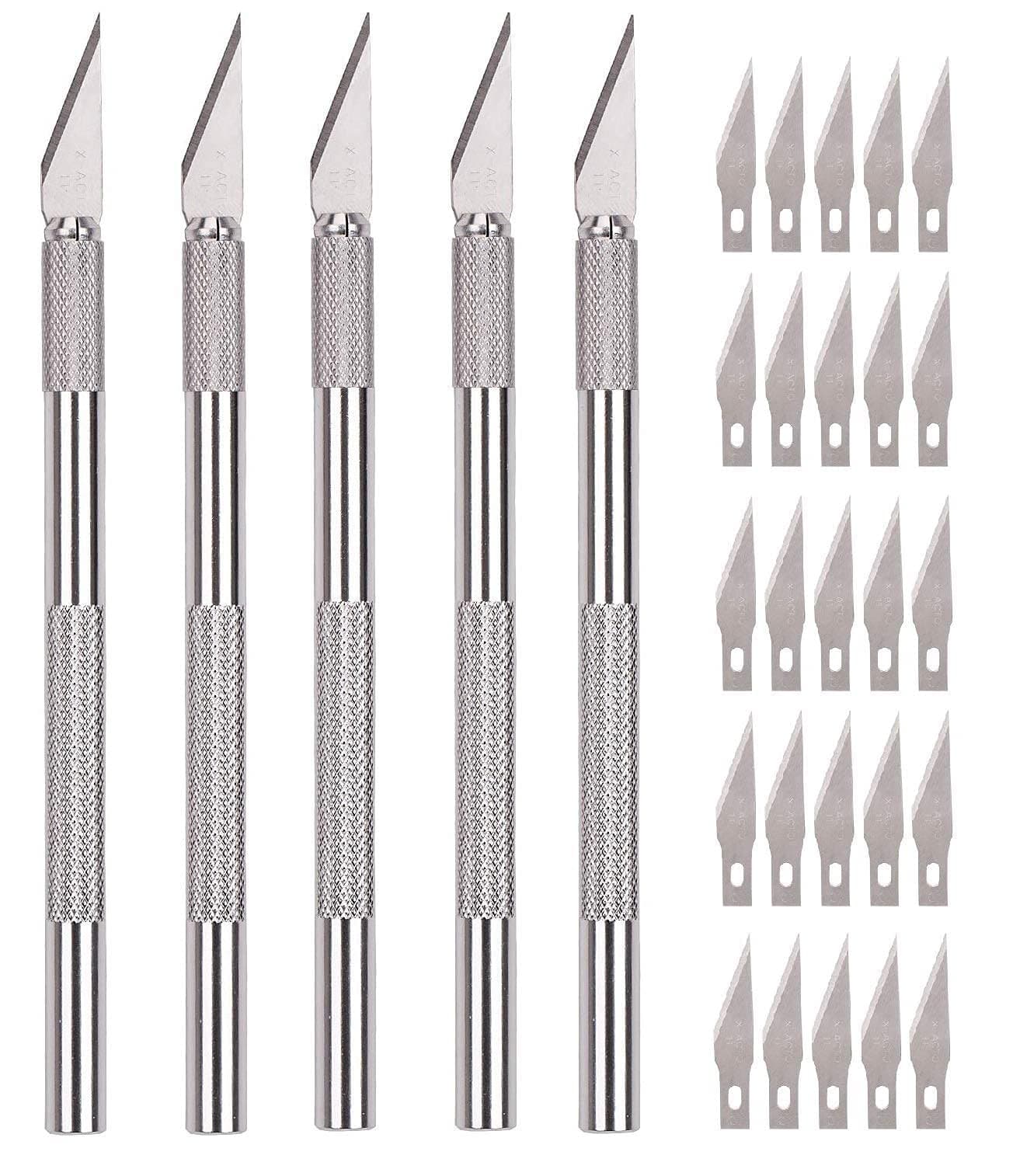 5 Detail Pen Knife with 25 Interchangeable Sharp Blades for Carving & Mat Cutting, Paper Cardboard Thermocol Cutting