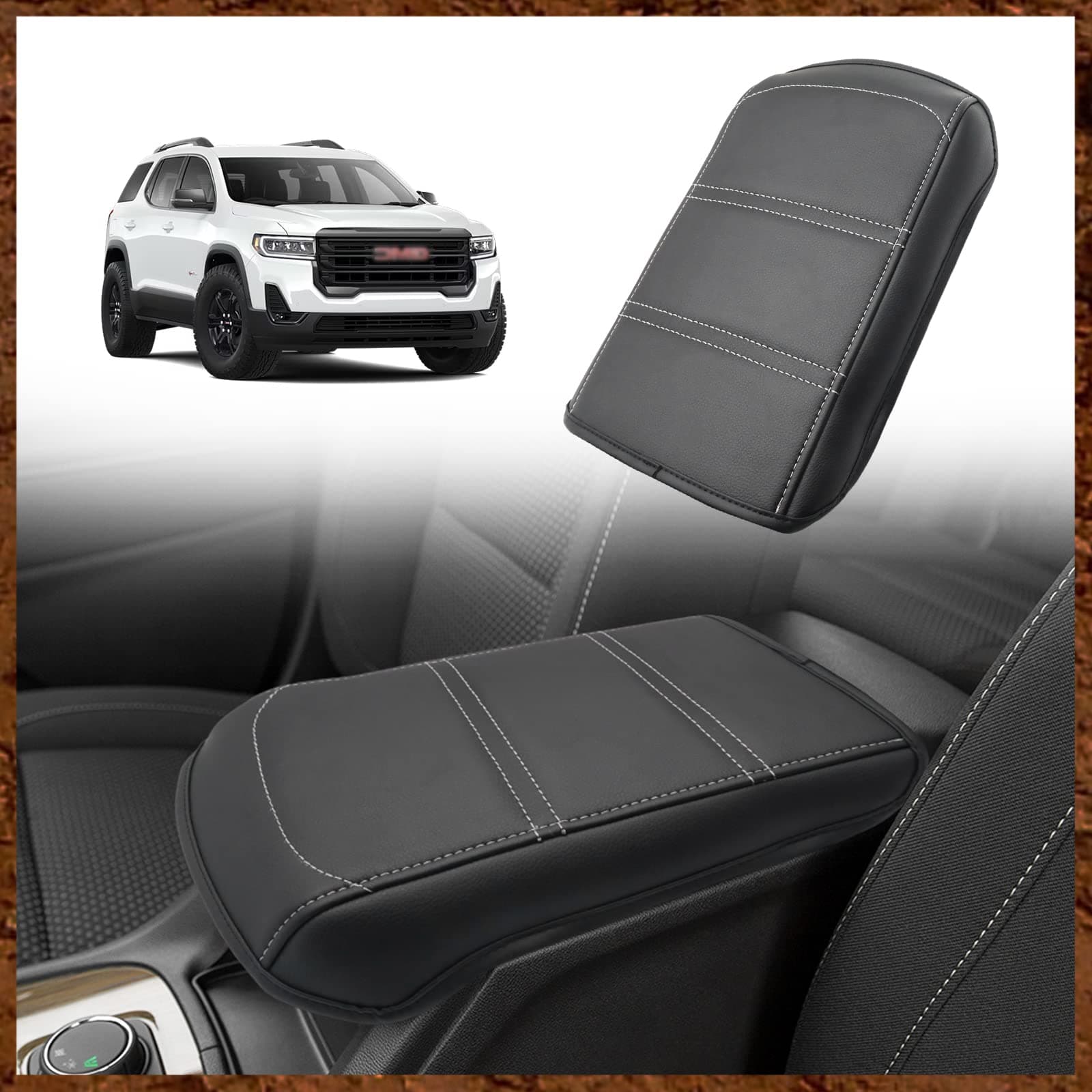 Muslogyfor Acadia 2017-2023 Center Console Pad Armrest Cover Vegan Leather Cushion Pad Accessories Armrest Lid Protector Extra Soft Compatible with GMC Acadia 2023 2022-2017 (Black/White Trim)