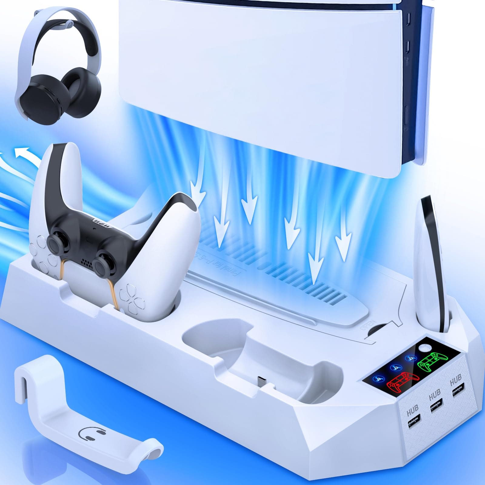 PS5/Slim/Pro Cooling Station for PlayStation 5 Console Disc/Digital Edition - PS5 Slim Pro Cooling Stand with Controller Charging Station Accessories-Cooler Fan/Headset Holder/3 USB Hub, White
