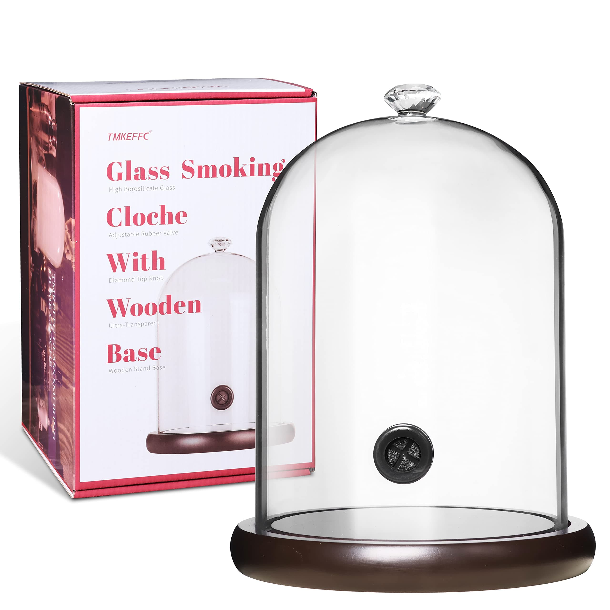 Smoking Cloche For Food Drinks With Wood Base, Cocktails Smoke Infuser Accessory, Glass Dome for Smoker Gun