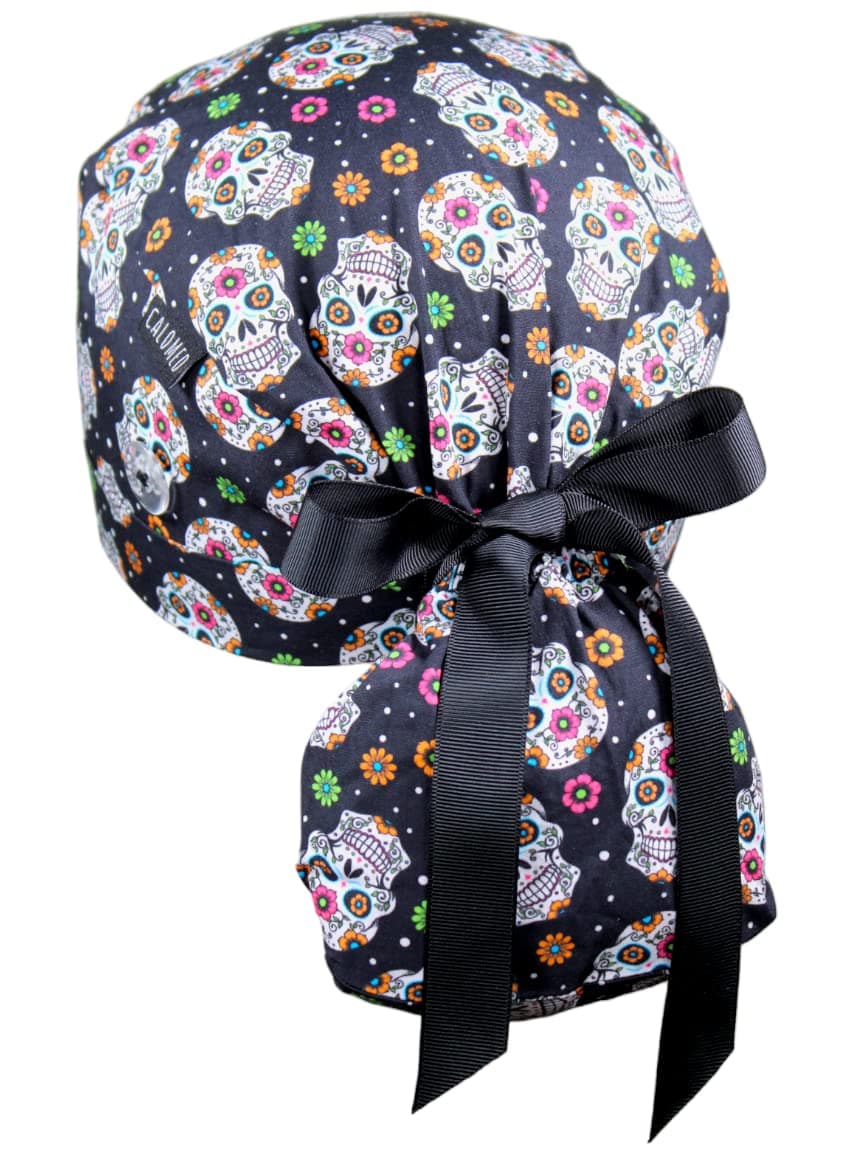 Scrub Cap for Women and Men, Ponytail Scrub Caps, Working Hat, Head Cover with Ribbon Ties and Buttons, Long Hair