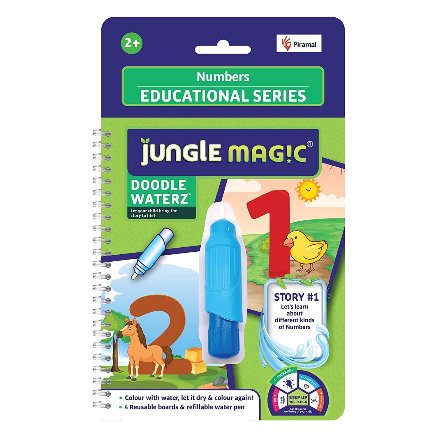Doodle Waterz - Reusable I Water Colouring Book - Numbers I Self-Drying with Easy to Hold Water Pen I Educational Toy for Kids, Multicolor