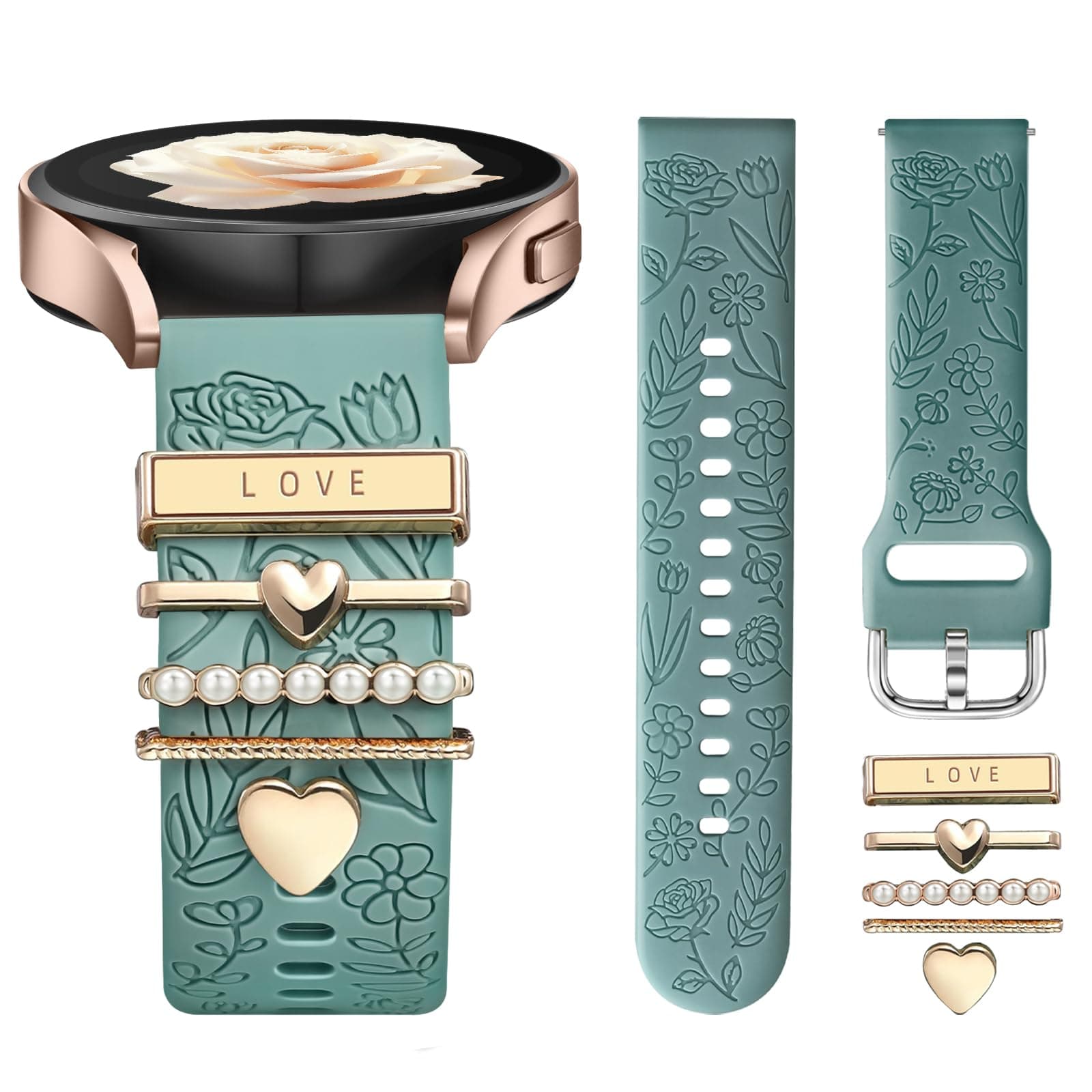 Flower Engraved Band Compatible with Samsung Galaxy Watch 7 Band/FE 6 5 4 40mm 44mm,Galaxy Active 2, 20mm Watch Band Soft Silicone Replacement Strap with Decorative Charms Accessories Women