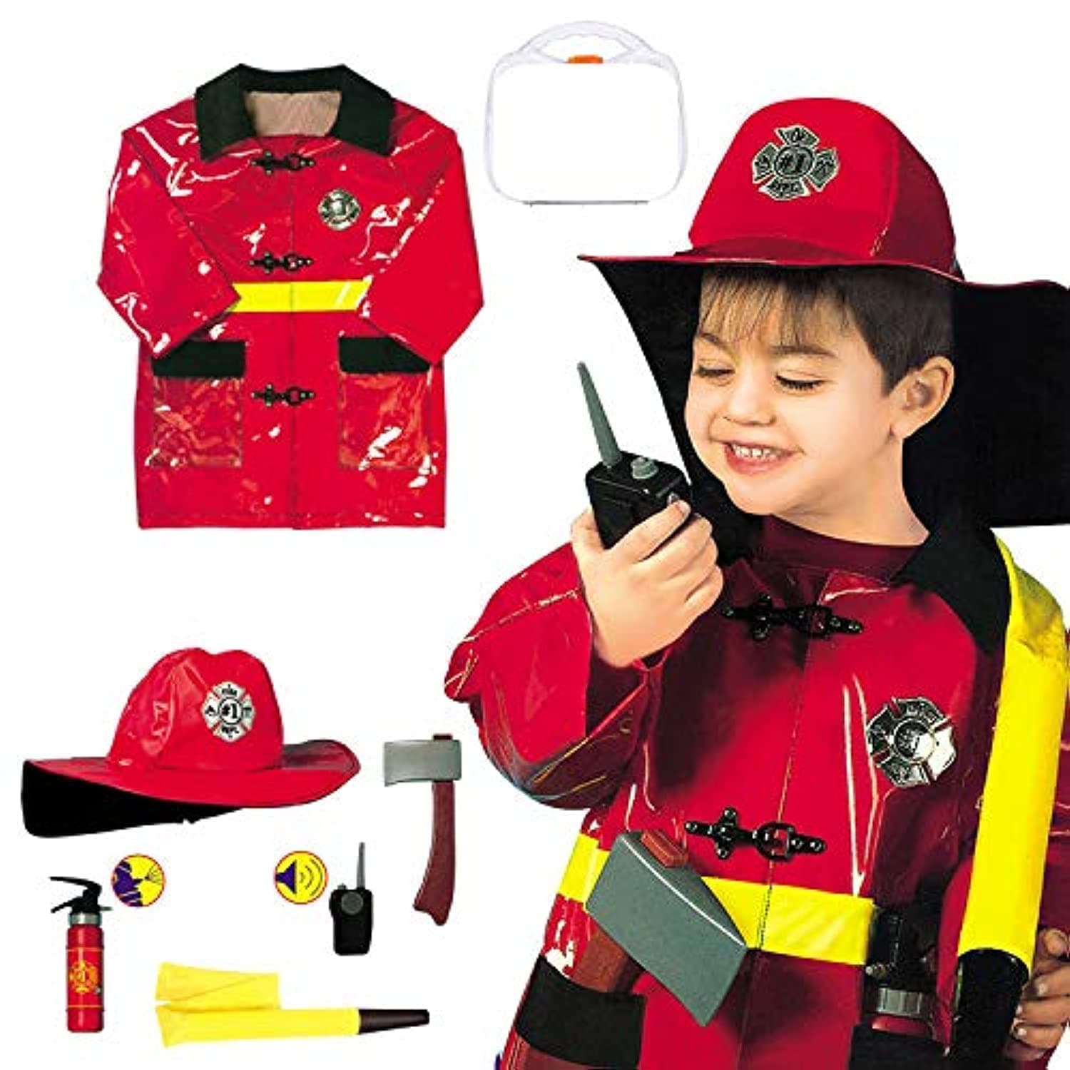 Kids 7pcs Fireman Gear Firefighter Costume for Kids Role Play Dress Up Toy Set with Helmet and Accessories Red (Deluxe)(3-8 Years, 80-110cm)(0951)