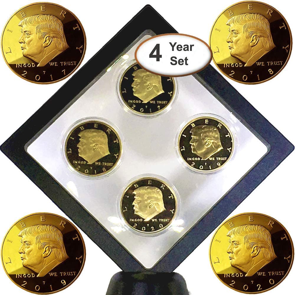 eTradewinds Donald Trump 1st Term 4 Year Coin Set, Collector’s Edition, Gold Plated Replica Coins 2017, 18, 19, 20, Diamond Display Case, Cert. of Auth. (1st Term Dia. Blk.)