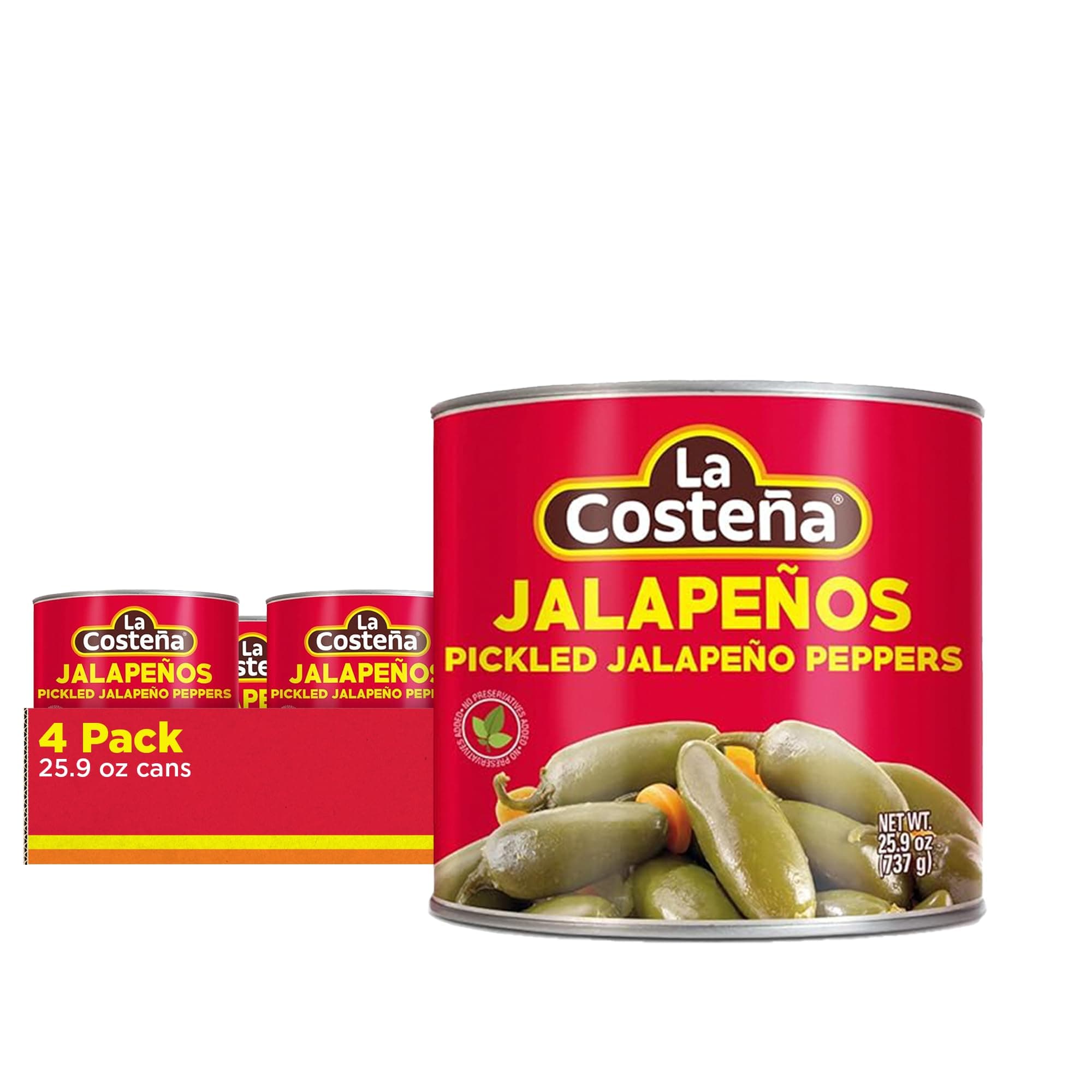 La Costeña Whole Pickled Jalapeño Peppers | Pickled Green Hot Jalapeños | 26-Ounce Can (Pack of 4)