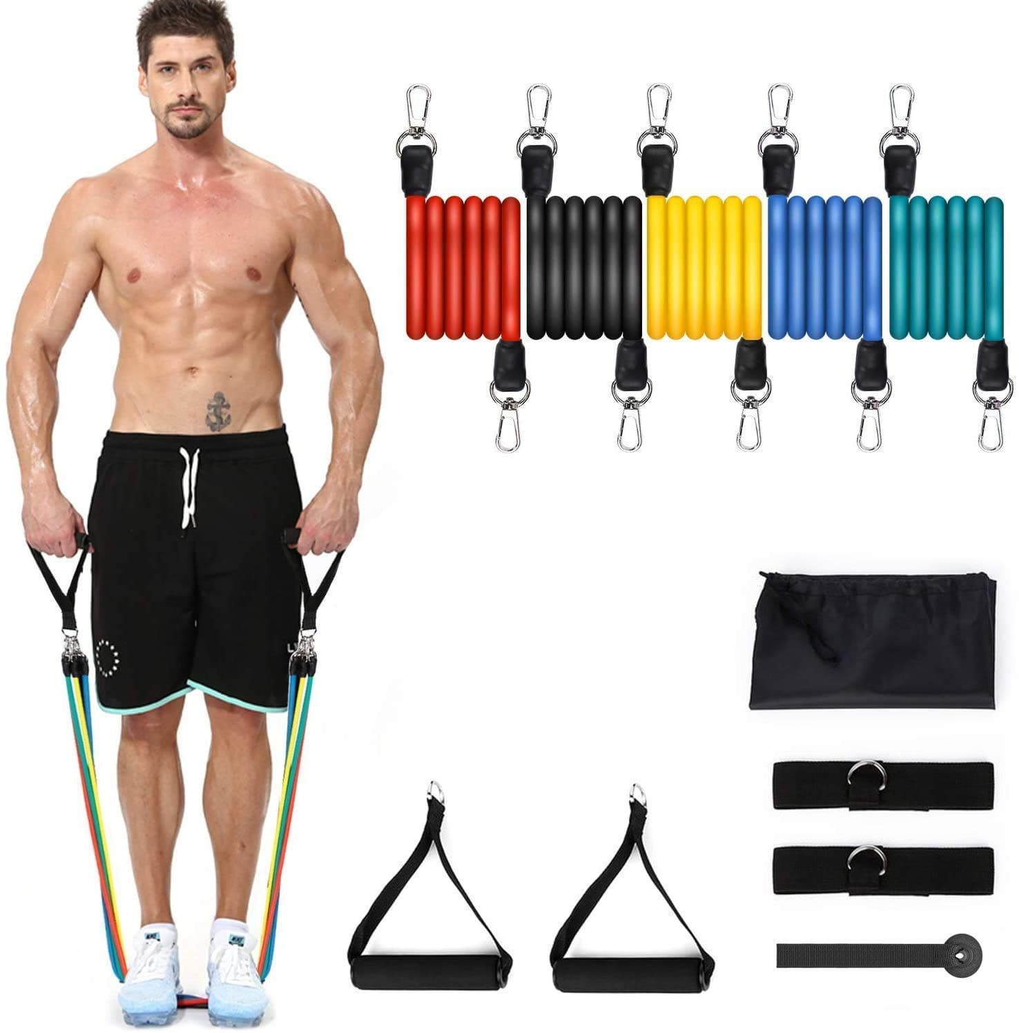 Trenjasu Resistance Bands Set , 5 Pieces Fitness Workout Bands for Men with Fitness Tension Bands,Door Anchor & Carry Bag-Home Gym,Handles and Ankles for Resistance Belt(Material: Rubber)