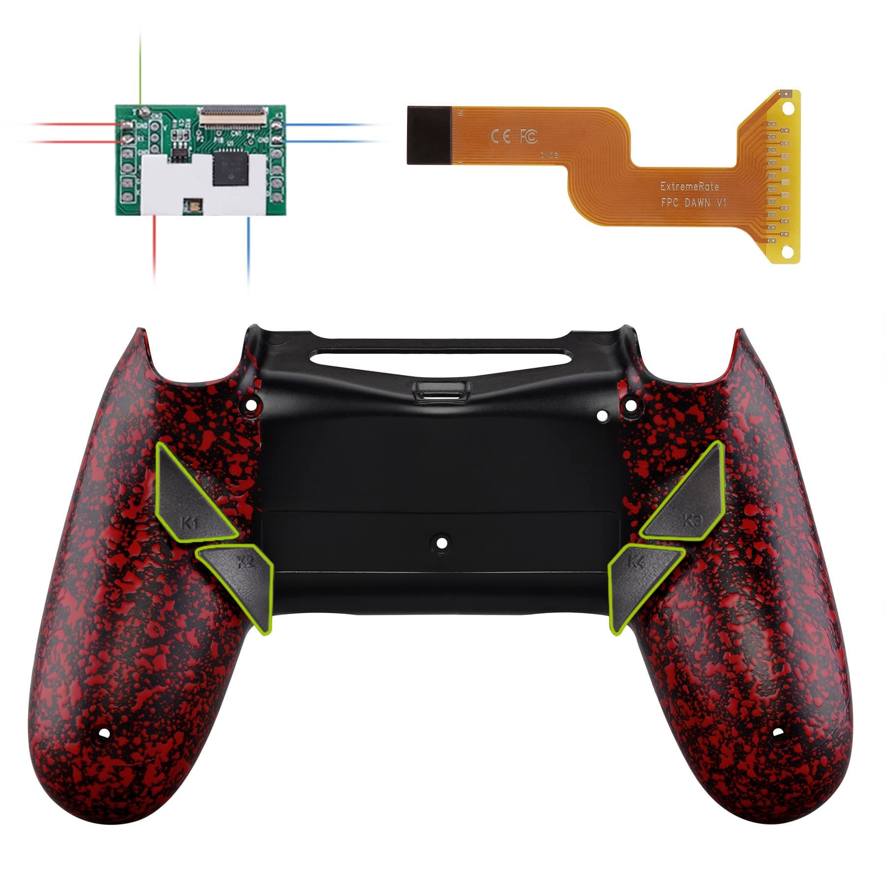 eXtremeRate Dawn Programable Remap Kit for PS4 Controller with Mod Chip & Redesigned Back Shell & 4 Back Buttons - Compatible with JDM 040/050/055 - Textured Red