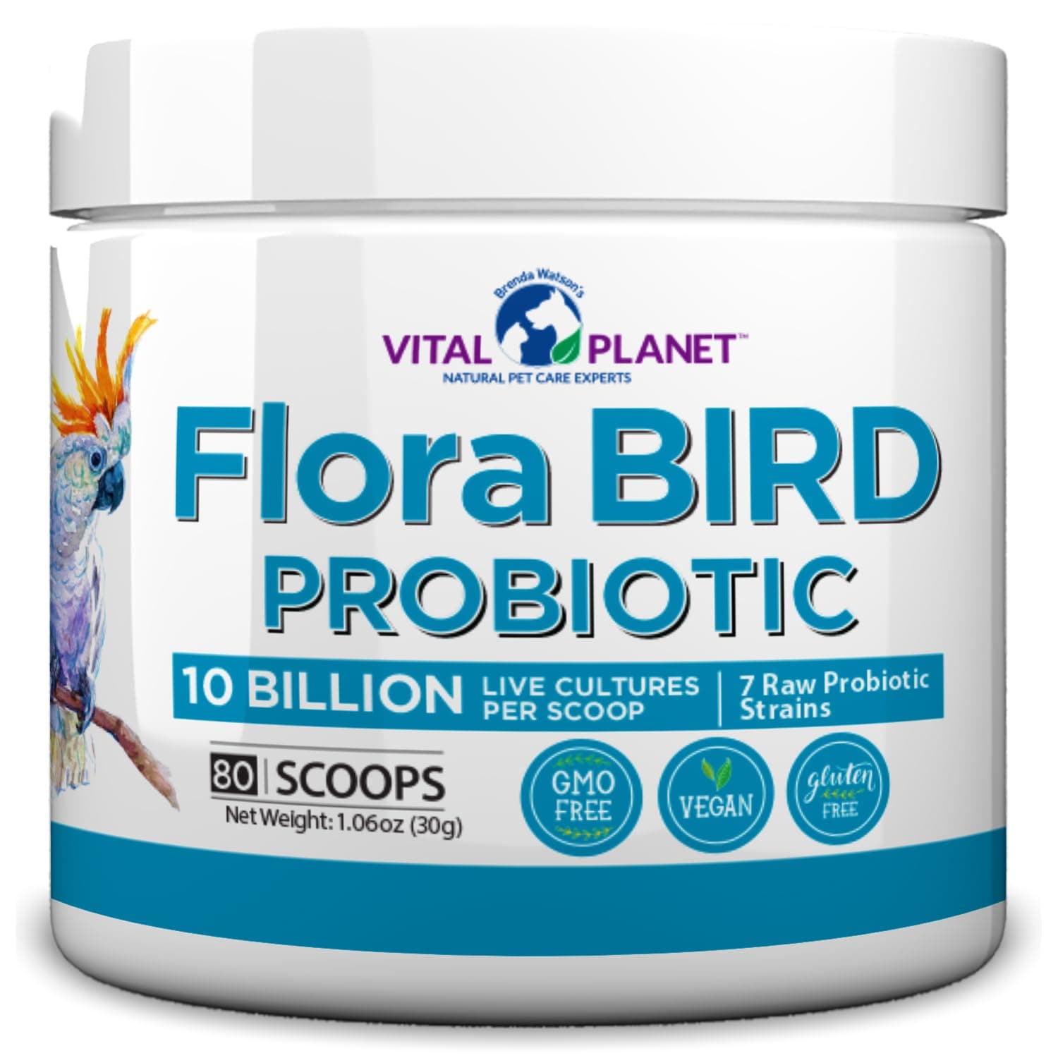 Vital Planet - Flora Bird Probiotic Powder Supplement with 10 Billion Cultures and 7 Diverse Strains, High Potency Probiotics for All Birds for Avian Digestive and Immune Support 80 Scoops 1.06 oz