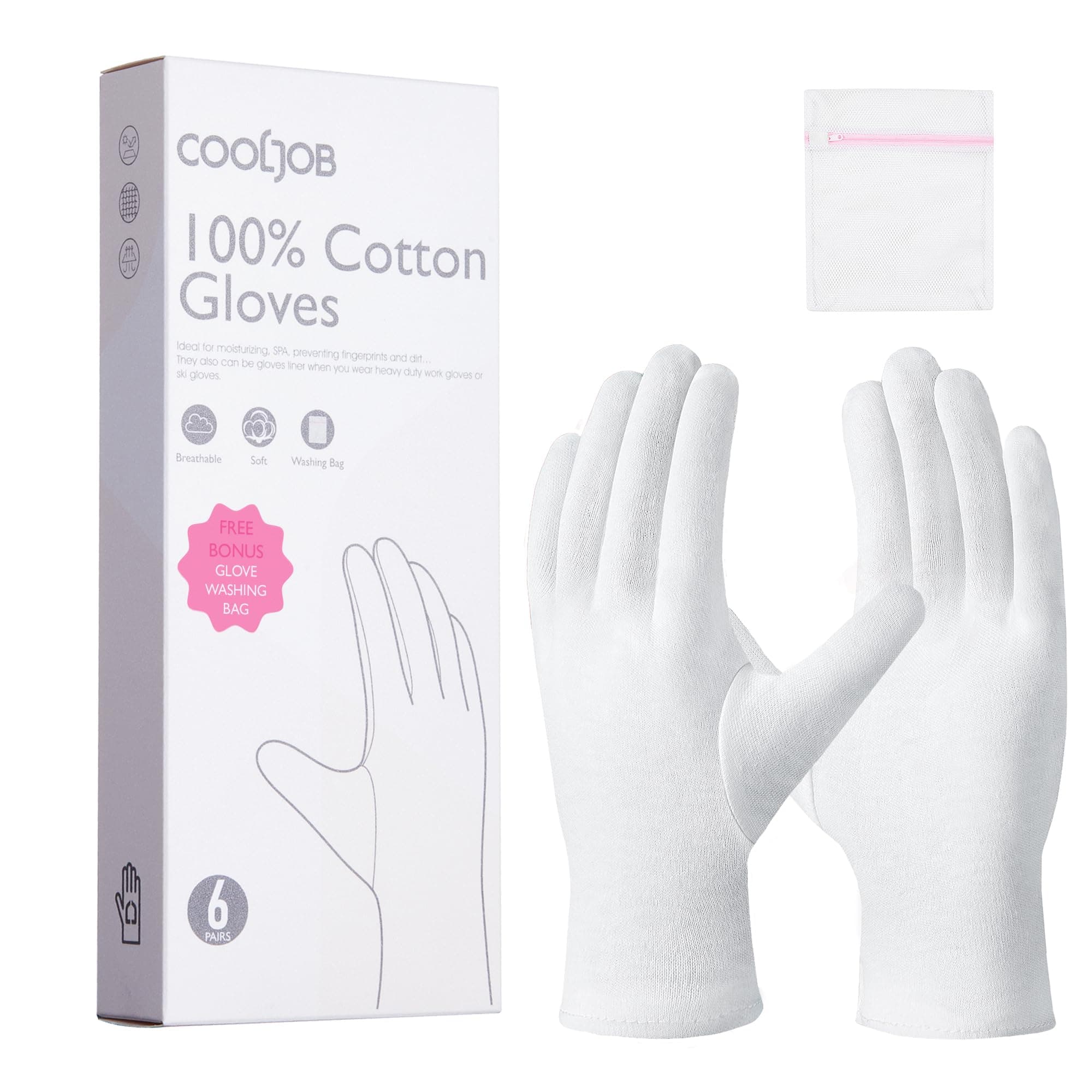 COOLJOB 100% Cotton Gloves, 6 Pairs White Cotton Gloves for Dry Hands Moisturizing & Eczema,Overnight Lotion, Sleep & Spa Treatment for Women & Men,Breathable Work Glove Liners, Large Size