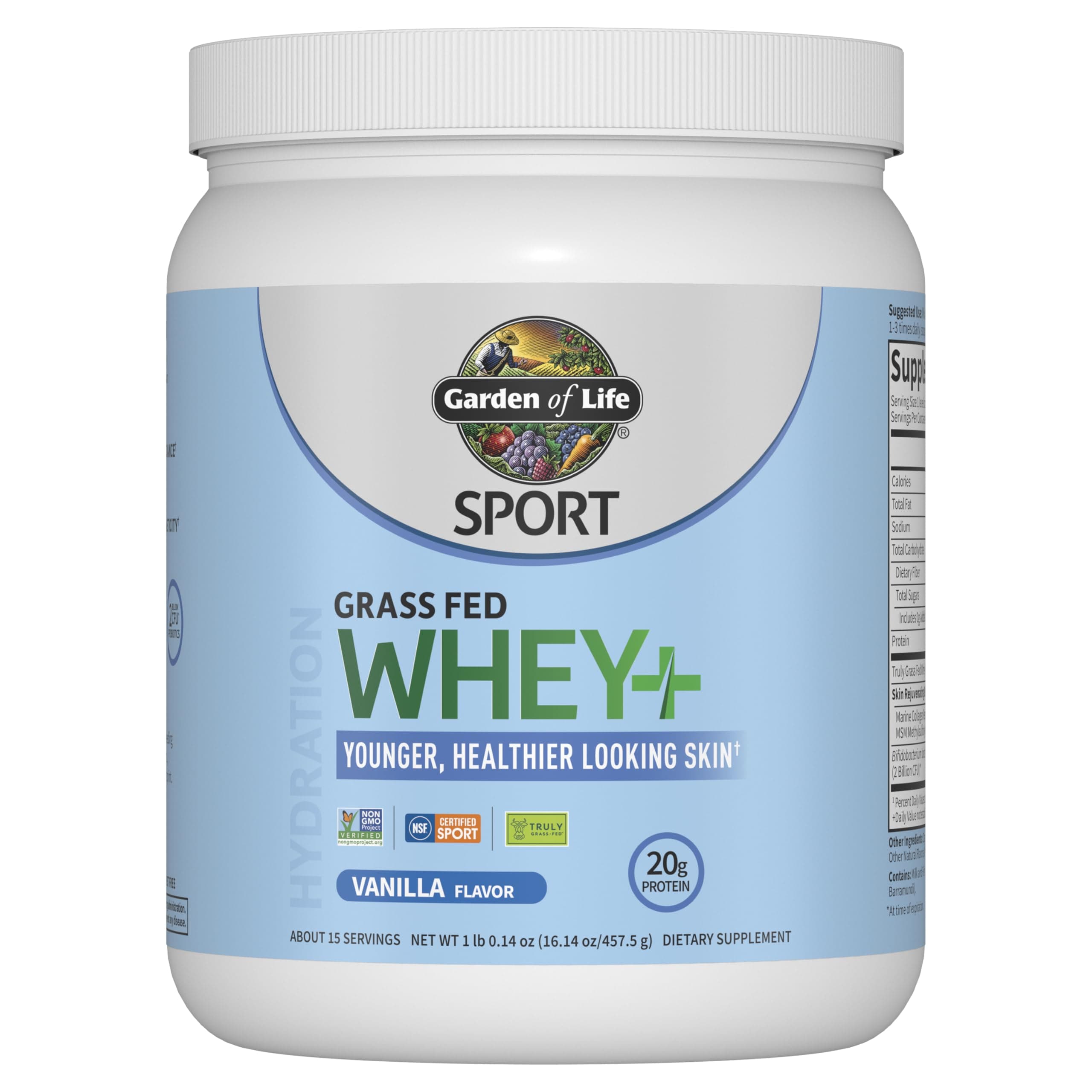 Garden of Life SPORT Whey Protein Powder Vanilla Flavor 20g Plus Marine Collagen Peptides & MSM for Women and Men, Optimum Amino Energy, Younger, Healthier Looking Skin - Grass Fed, About 15 Servings