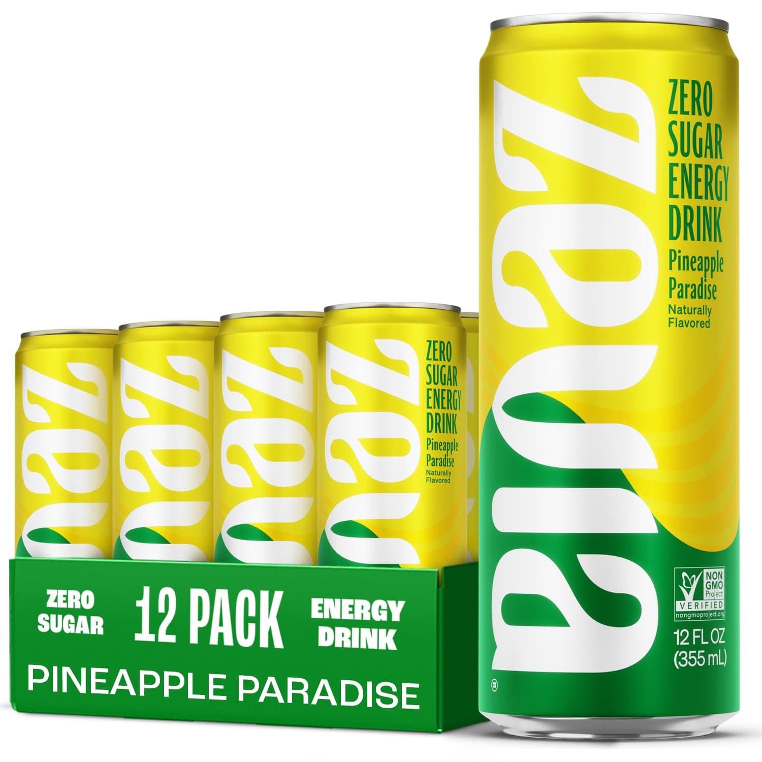 Zero Sugar Energy Drink, Pineapple Paradise, 12 oz Cans (12-Pack) – Naturally Sweetened, Non-GMO Project Verified, Gluten-Free, Vegan