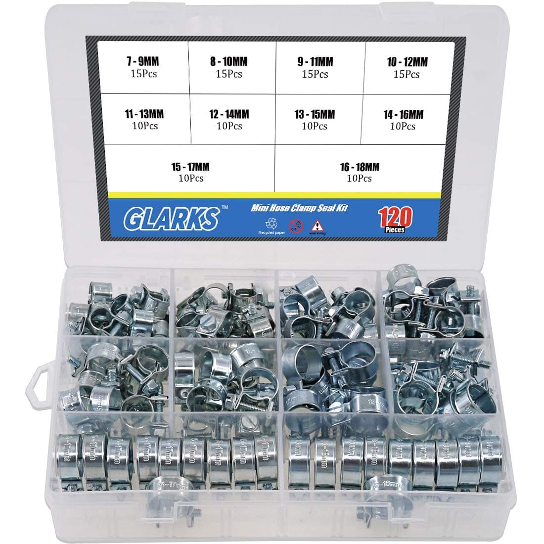 Glarks 120Pcs 10 Size Mini Fuel Injection Style Hose Pipe Clip Clamp Assortment Kit For Diesel Petrol Pipe