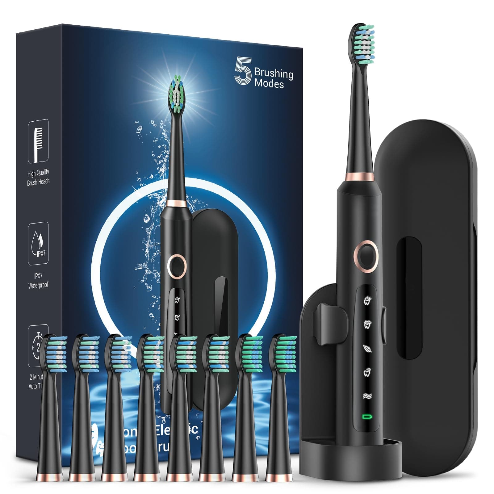 Rtauys M5 Sonic Electric Toothbrush for Adults and Kids - Rechargeable Electric Toothbrush Kids Ages 12+ and Adults with 8 Brush Heads & Travel Case, 120 Days Battery Life - Black